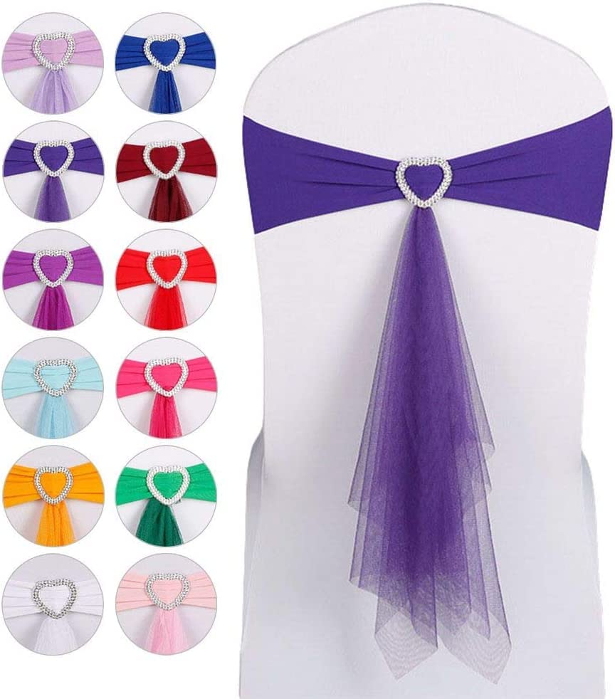 Décorations de mariage Écharpes de couverture de chaise Écharpes de chaise extensibles en élasthanne avec ruban en organza à boucle en forme de cœur, bandes de chaise élastiques for fête, banquet, évé