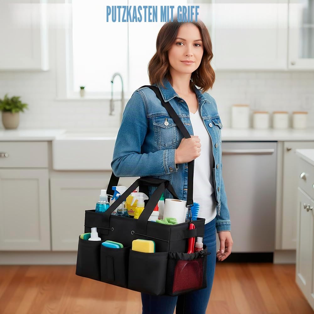 Putzmittel Organizer, Putzbox mit Griff, Verstellbaren Schultergurten und Abnehmbarer Trennwand, Tragbar Reinigungs Caddy, Putztasche, Putzmittel Aufbewahrung, Putz Organizer für Haus