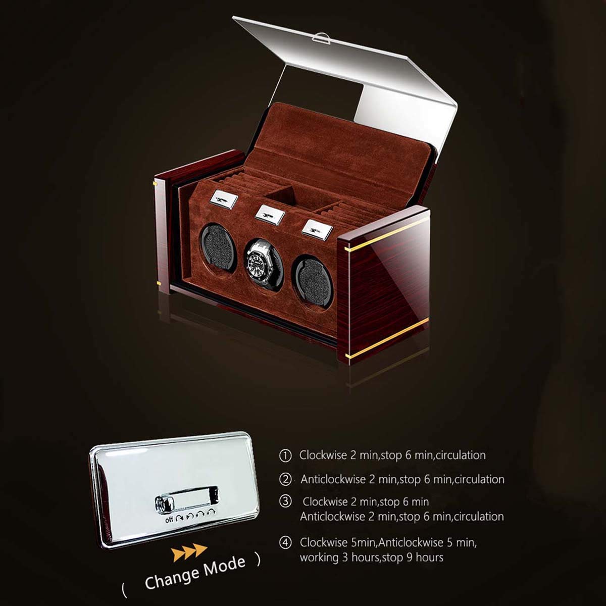 Avvolgitore automatico orologio - Orologio Winder Box per 3 orologi con moto silenzioso lacca di piano di alta gamma Meccanica Orologio Meccanico Box in legno massiccio con orologi per cassetti di