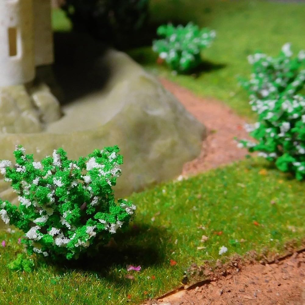 100 árboles de modelo, arbustos verdes en miniatura, flores blancas, 3 cm de alto, paisajismo al aire libre, decoración de paisajismo