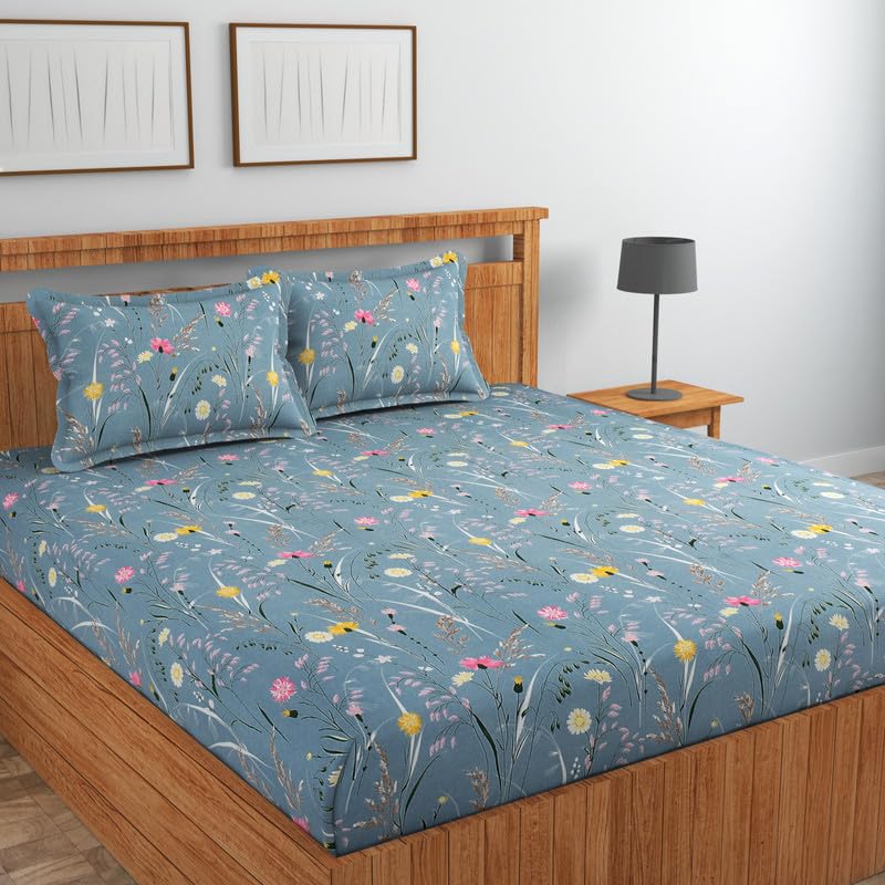 Image of NEW LEAF Cotton Fitted King Size Bedsheets with 2 Pillow Covers | Elastic Fitted | Wrinklefree | Ultrasoft |Winter Bedsheet 220 tc tc Floral | 710x72+10 Inches, Grey Pink