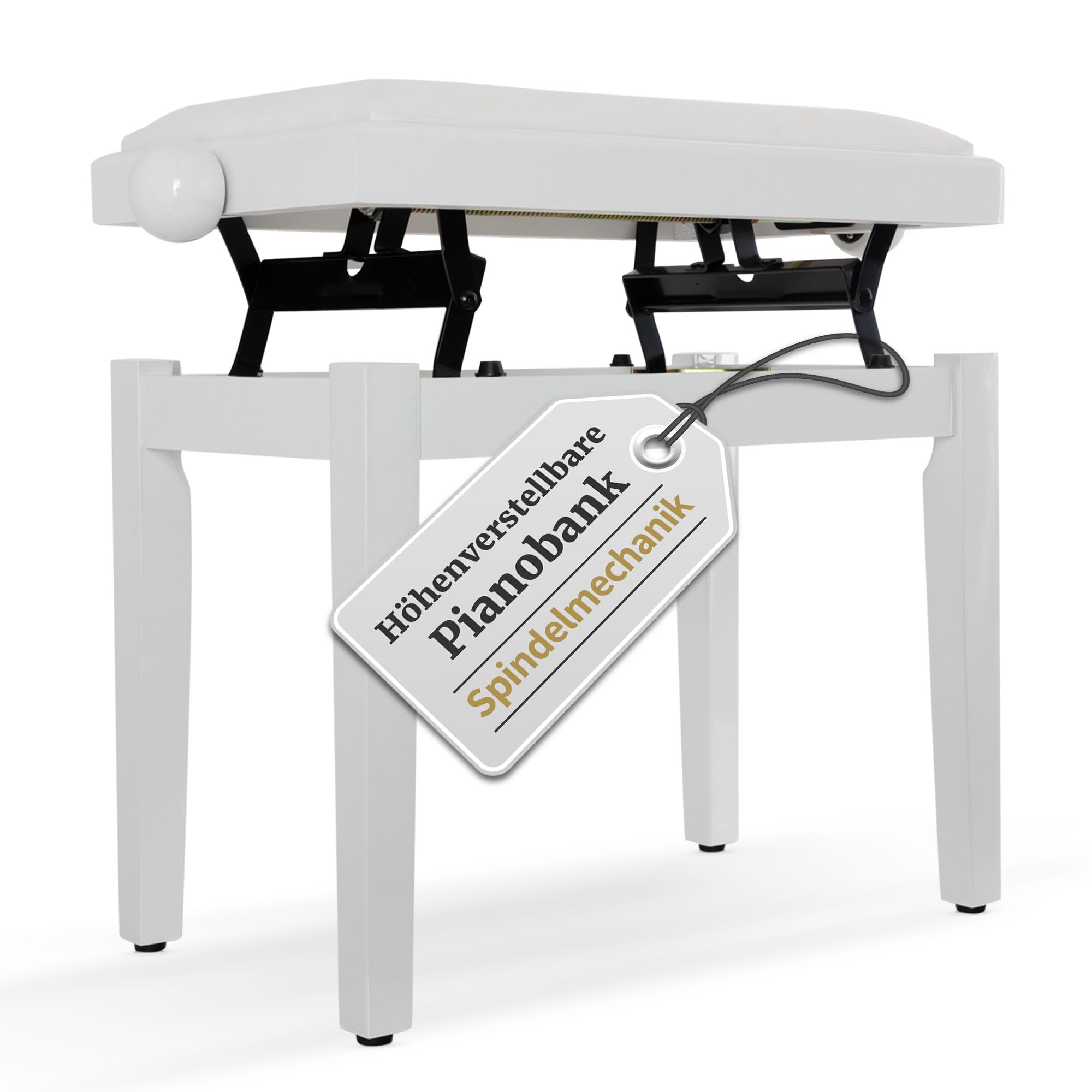 Classic Cantabile Banqueta para Piano Blanco Brillante - Altura Regulable de 47-56cm - Banco con Mecanismo de husillo - Asiento de Taburete 55 x 32cm - Silla con Funda de Terciopelo, Estable