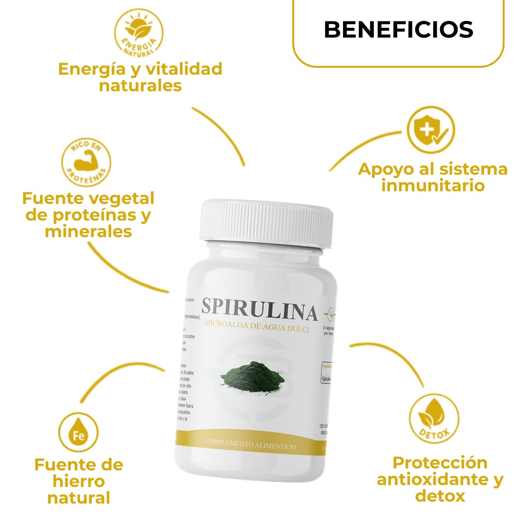 Espirulina - Spirulina Platensis - Microalga de Agua Dulce - 2160 mg por Dosis Diaria - Fuente de Nutrientes - Energía Natural - 120 Cápsulas Vegetales