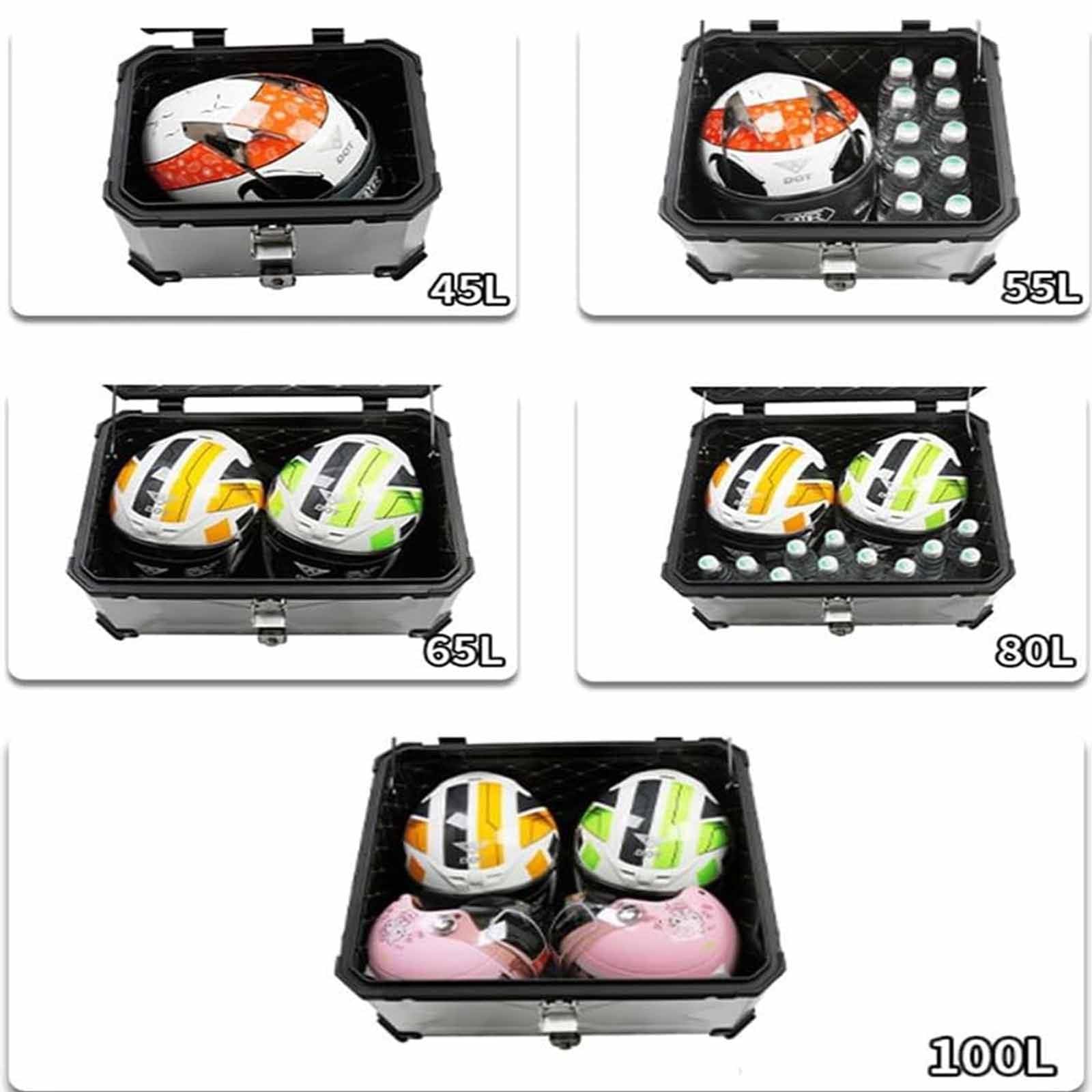 PixCy Top Case Moto Valise Moto en Aluminium Coffre De Moto étanche 28l 36l 45l 55l 65l 80l 100l Motocyclette Topcase pour Scooter Roller Moto Quad,Silver-80L