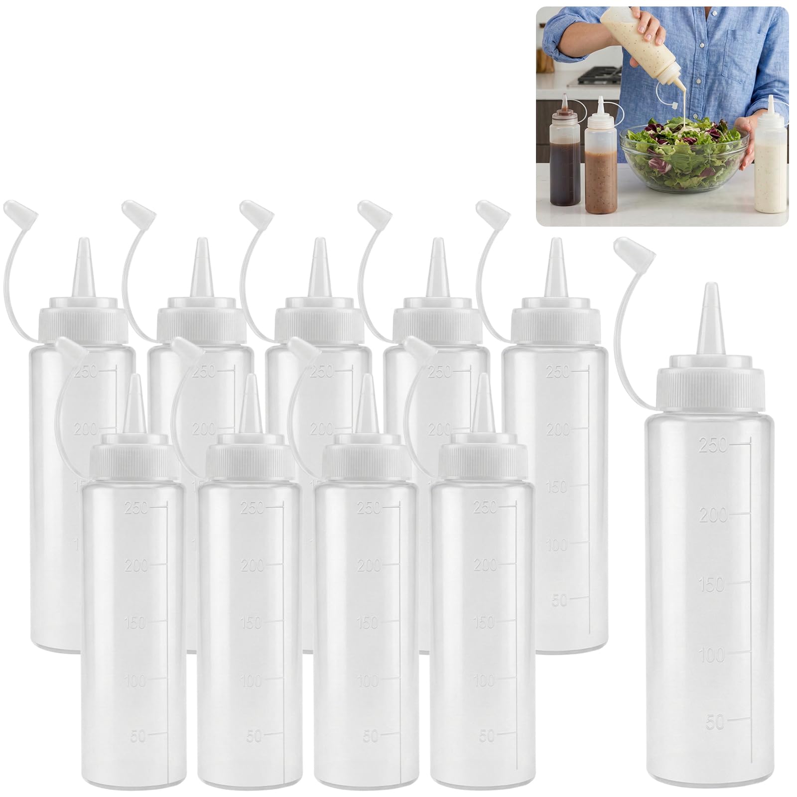 JinPhon 10 Pack Squeeze Bottles 250ml / 8oz | Plastic Squeezy Sauce Bottles with Nozzles & Caps - Versatile Squirty Bottles for Ketchup, Oil, Salad Dressing, BBQ, as Condiment Bottle for Crafts