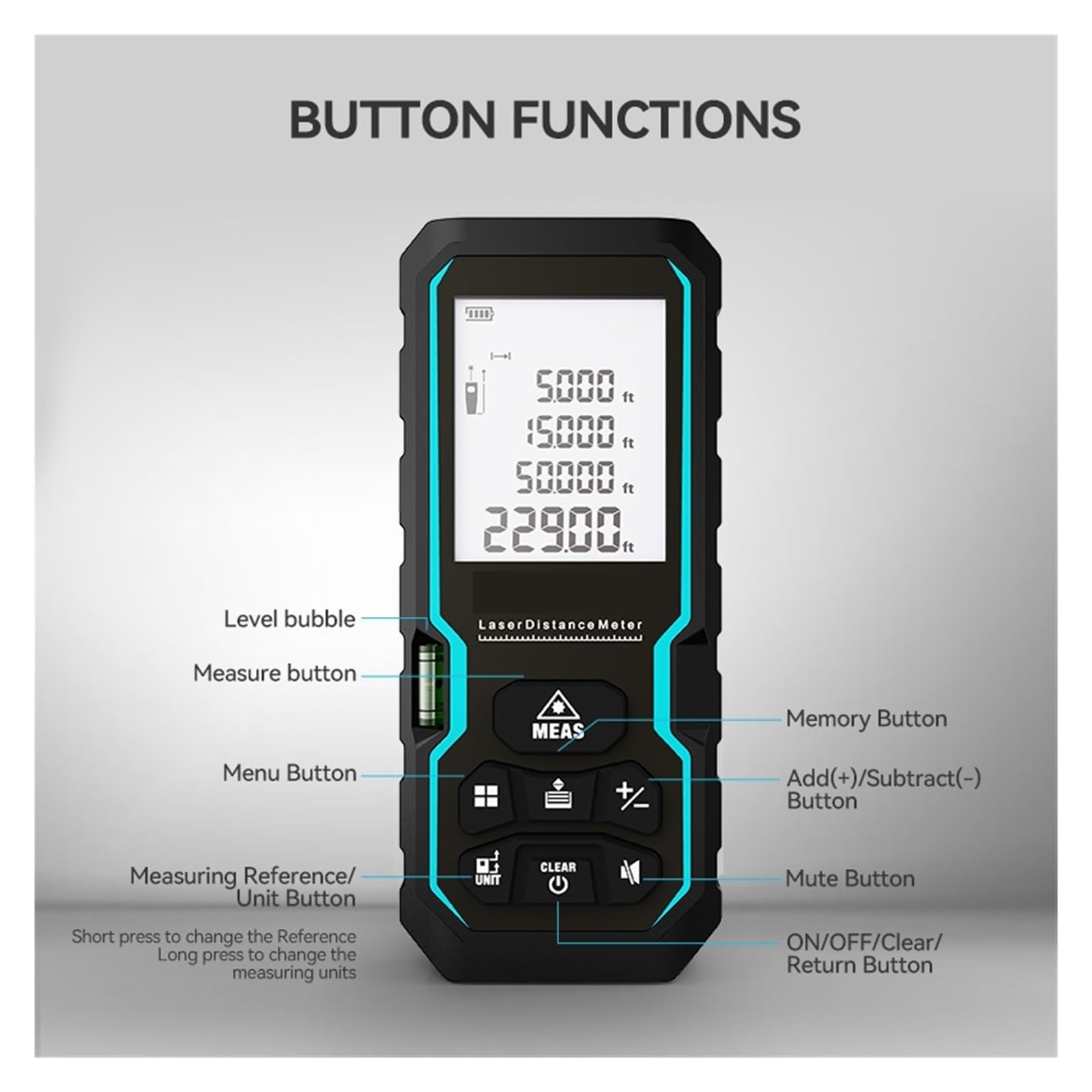 Medidor de Distancia láser 40 m/120 m, telémetro con Burbuja de Nivel, Pantalla LCD con retroiluminación, Herramientas de medición for el hogar Alta precisión(50m)