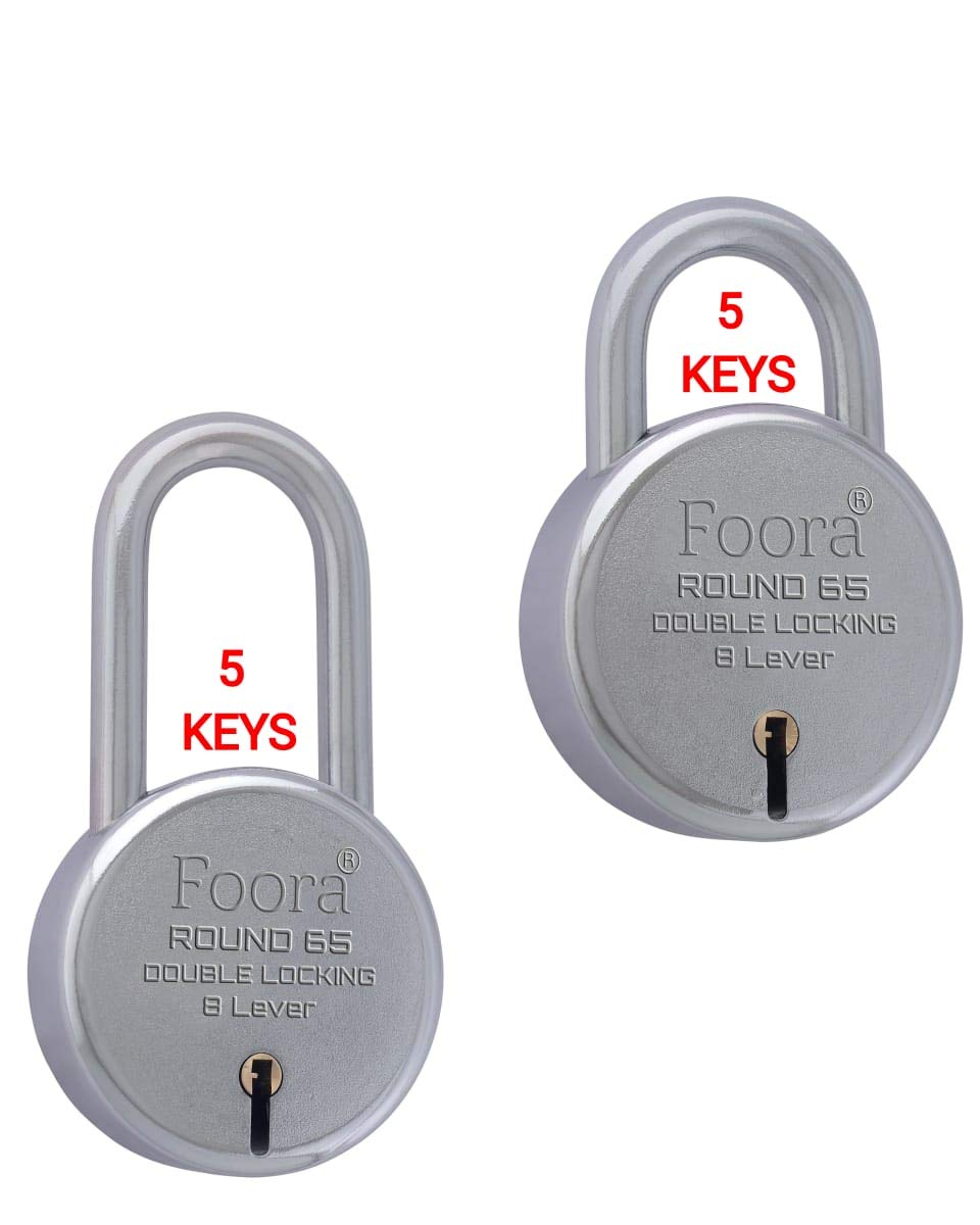 Foora 65 & 65 LS Padlock Set – Door Lock for Home | Long Shackle | 5 Keys | Silver Finish | Pack of 2(Round 65 & 65 LS Pack of 2)