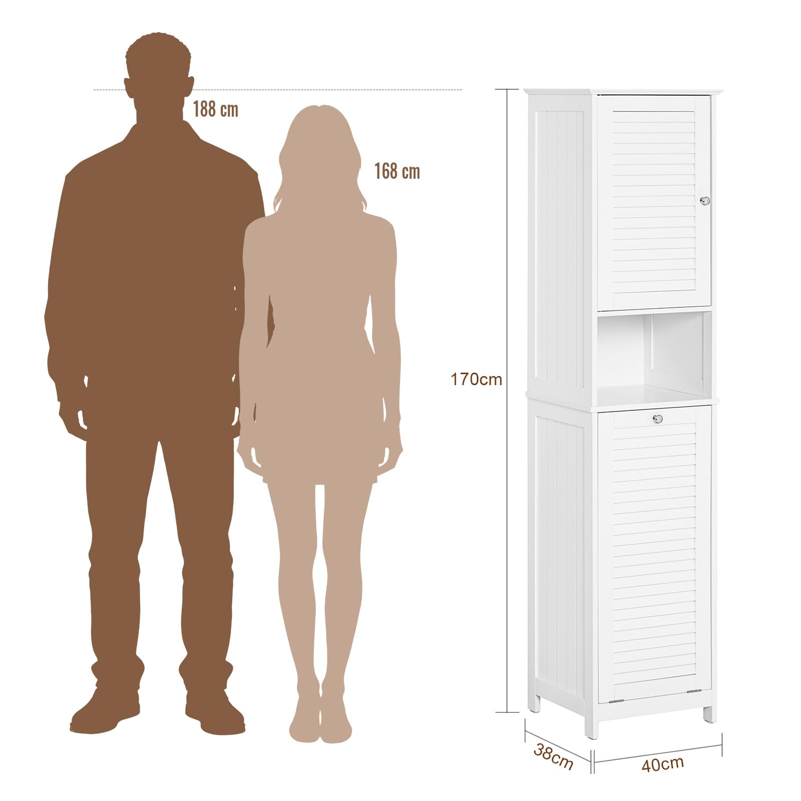 SoBuy Mobile Bagno Salvaspazio con Portabiancheria Armadietto Bagno Alto e Stretto per Ambienti Compatti, Mobiletto con Ripiani, Mobile Lavanderia Bianco 40x170x38 cm BZR124-W