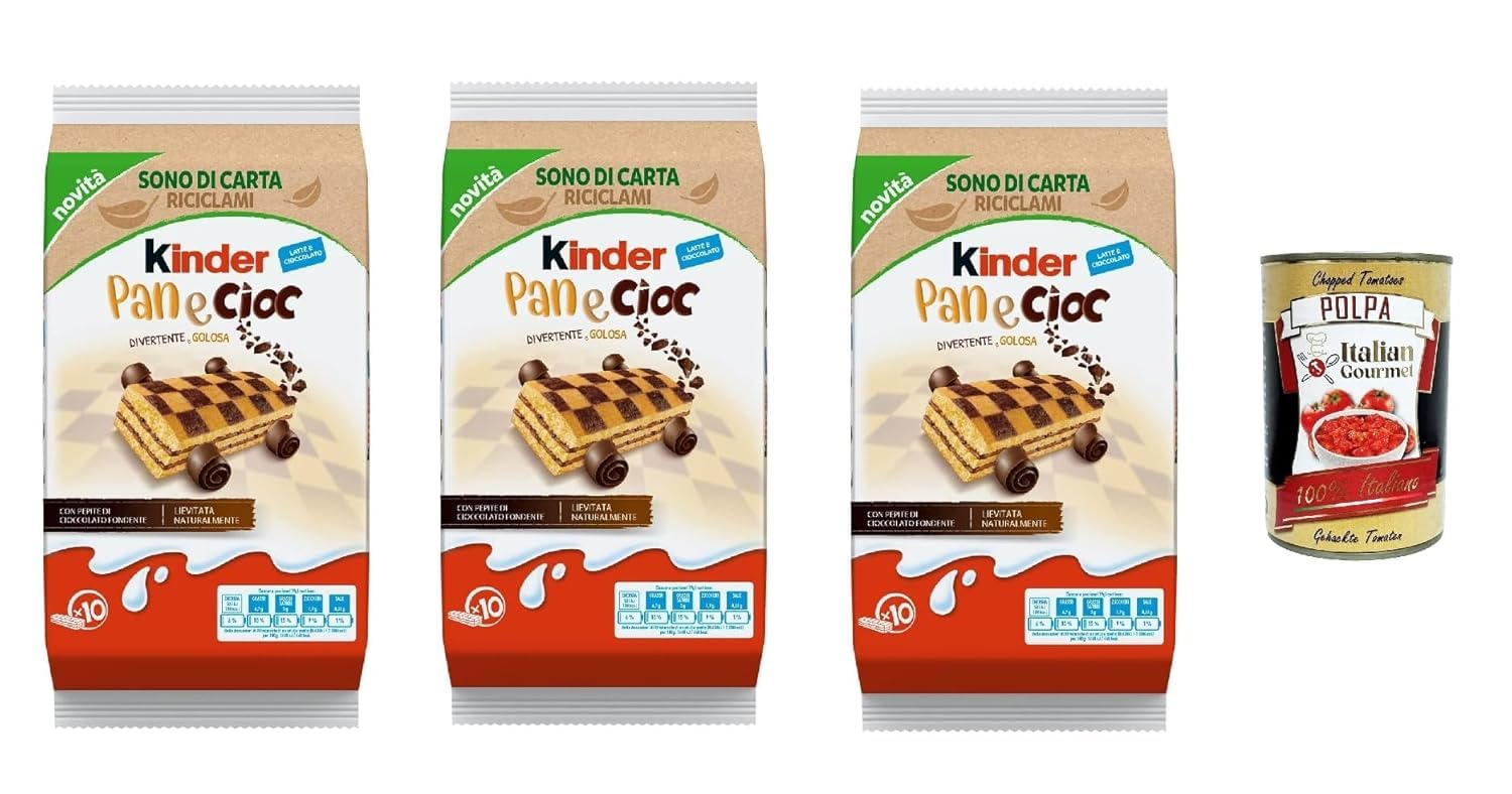 Italian Gourmet Lot 3x Kinder Pan e Cioc Gaufrettes Cacao & Noisette 270 g (Pack Économique) Snack Goûter Petit-déjeuner Style Italien + Italian Gourmet Polpa