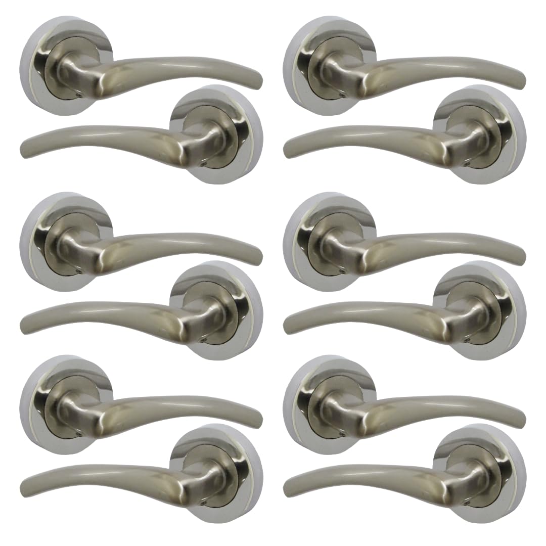 Haven Heritage Door Handle Sets - Zena Design Modern Satin Nickel Door Handles Internal & External Use - Satin Nickel Lever Latch with Chrome Rose Sold as 6 Pairs