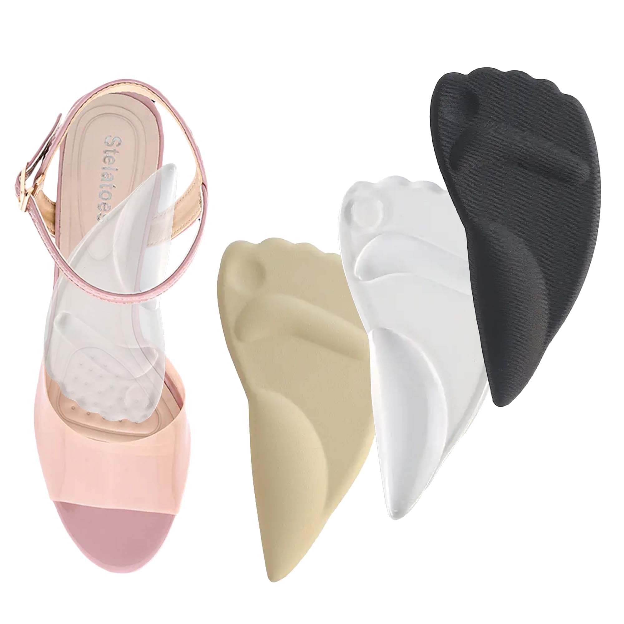 TazweeqTazweeq 3 Pairs Gel Feet Arch Support Inserts, Arch Forefoot Pads Reduce Women's Metatarsalgia, 2 in 1 Forefoot Pad Insole & Feet Arch Support for Women, Sticky Shoe Insert Pads