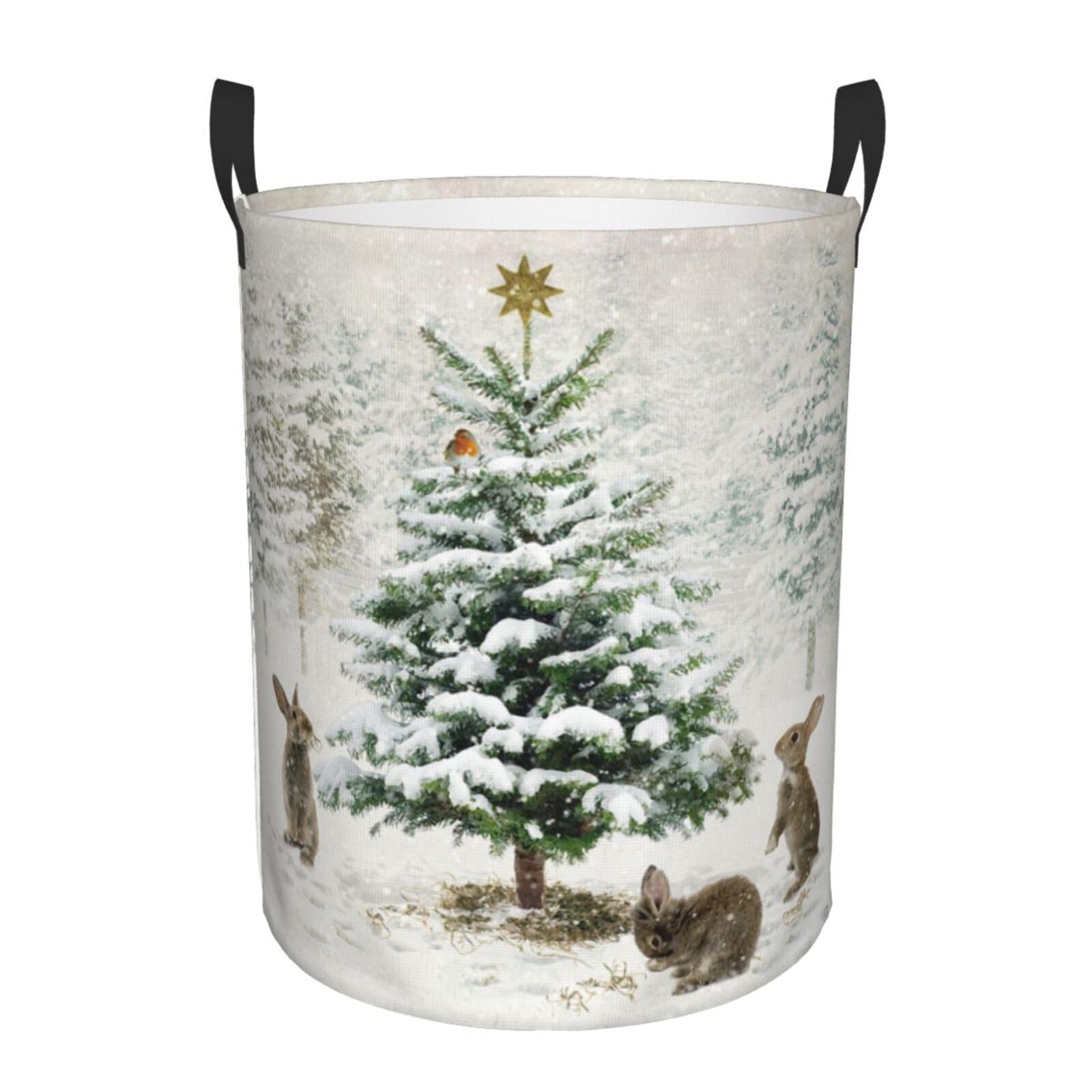 Rubbits And Xmas Tree Laundry Basket, Round Waterproof Storage Basket, Dirty Clothes Basket With Handle, Suitable For Home Storage, Bathroom Storage, Car Trunk Storage
