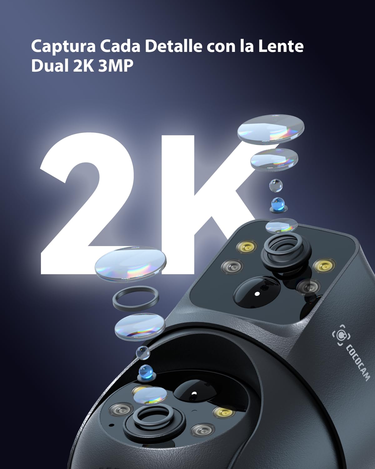 COCOCAM 2K Camara Vigilancia WiFi Exterior Solar Doble PIR Lente | Doble AI Humana Detección, Batería 10000mAh, Panel Solar 6W, Visión Nocturna Color, 355°P 90°T, IP66, Solo 2.4G WiFi