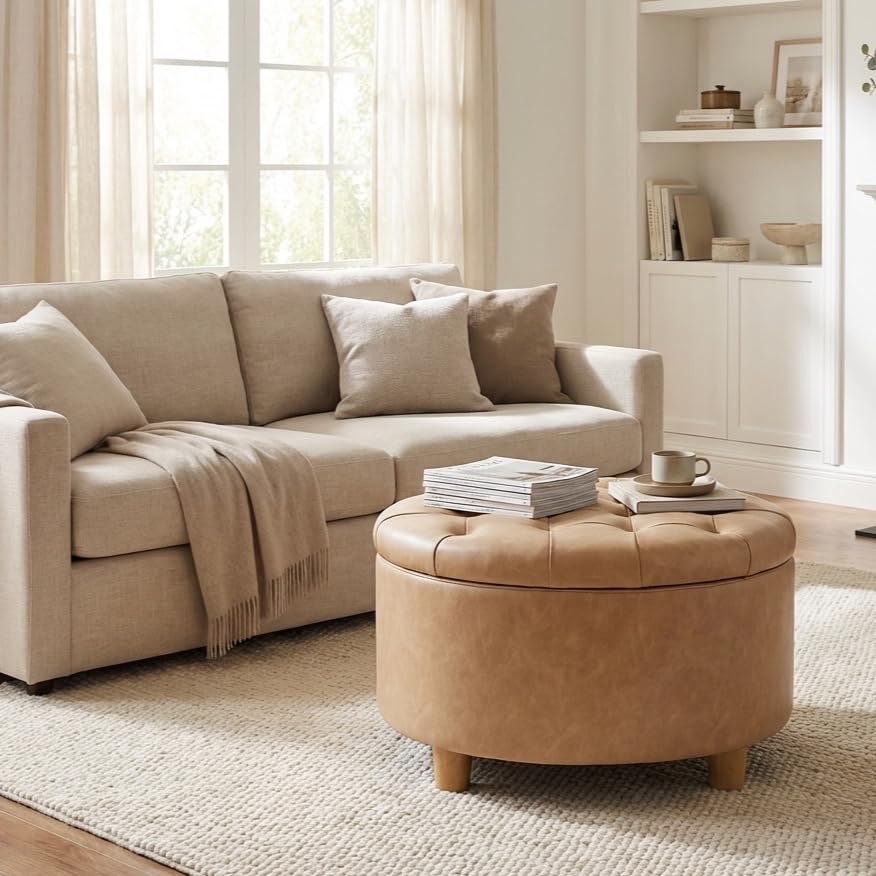 Image of HomePop 28 inch Button Round Storage Ottoman - Light Camel Faux Leather