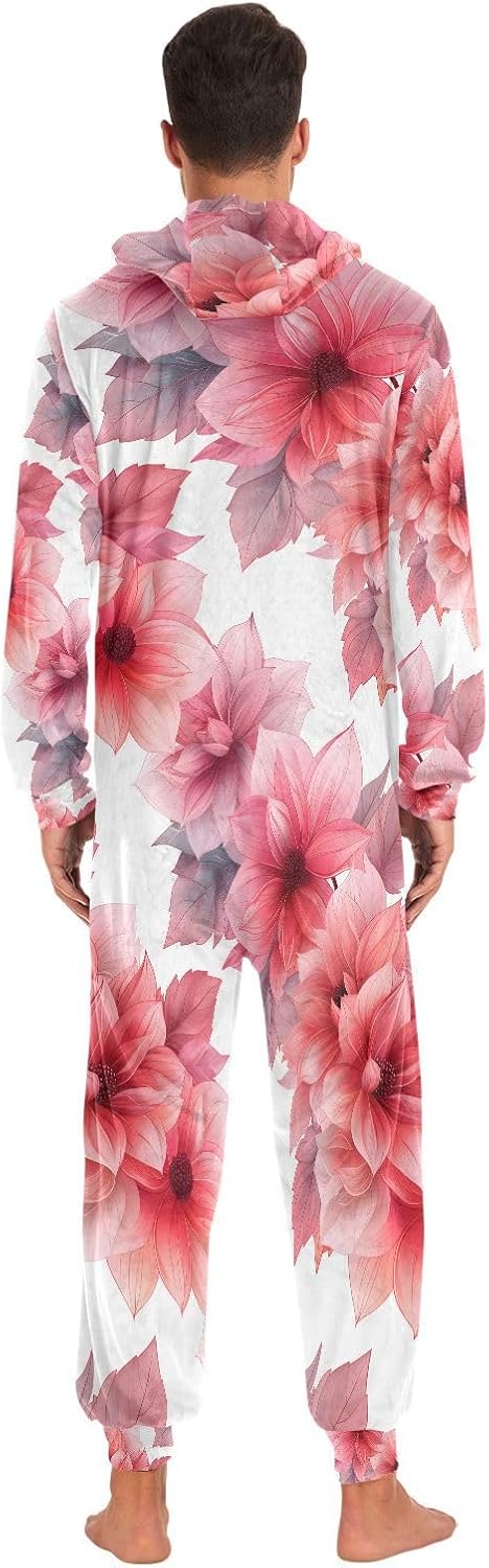 ALAZA Tile Red Poinsettia Flower Adult Onesie Pajamas Novelty One Piece Costume Sleepwear Jumpsuits Matching PJS