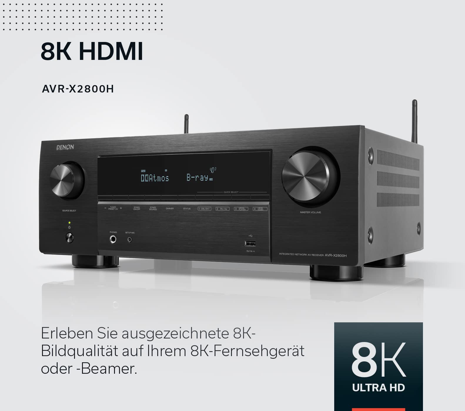 Denon AVR-X2800H 7.2-Kanal AV-Receiver, Dolby Atmos, DTS:X, 6 HDMI Eingänge und 2 Ausgänge, 8K HDMI, HEOS Built-in, Bluetooth, WLAN, AirPlay 2, Alexa kompatibel - Schwarz