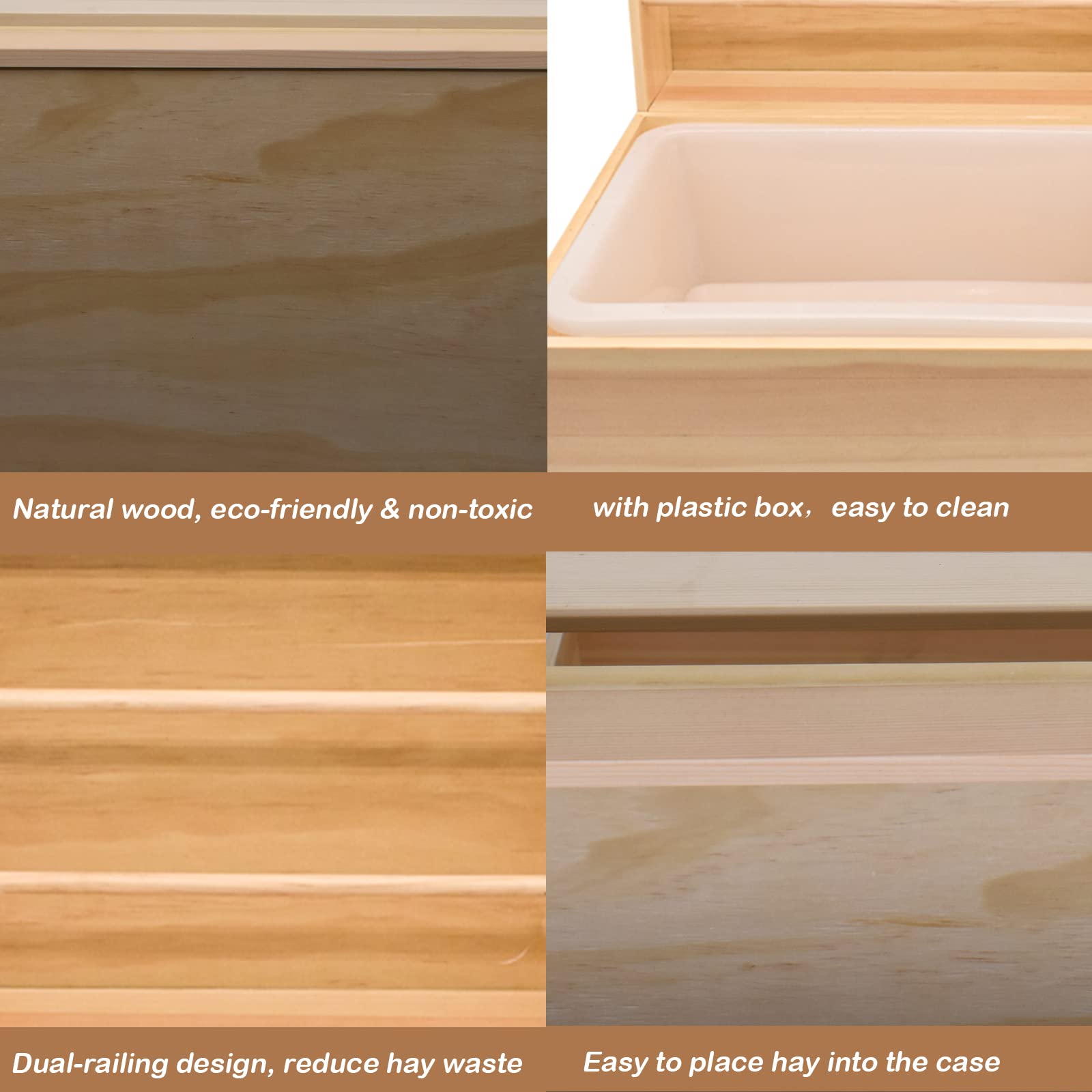 JoliJour Mangiatoia Fieno 2 in 1 per Conigli e Porcellini d'India, Alimentatore per Fieno e Lettiera in Legno e Plastica, 43 x 13.5 x 31.5 cm