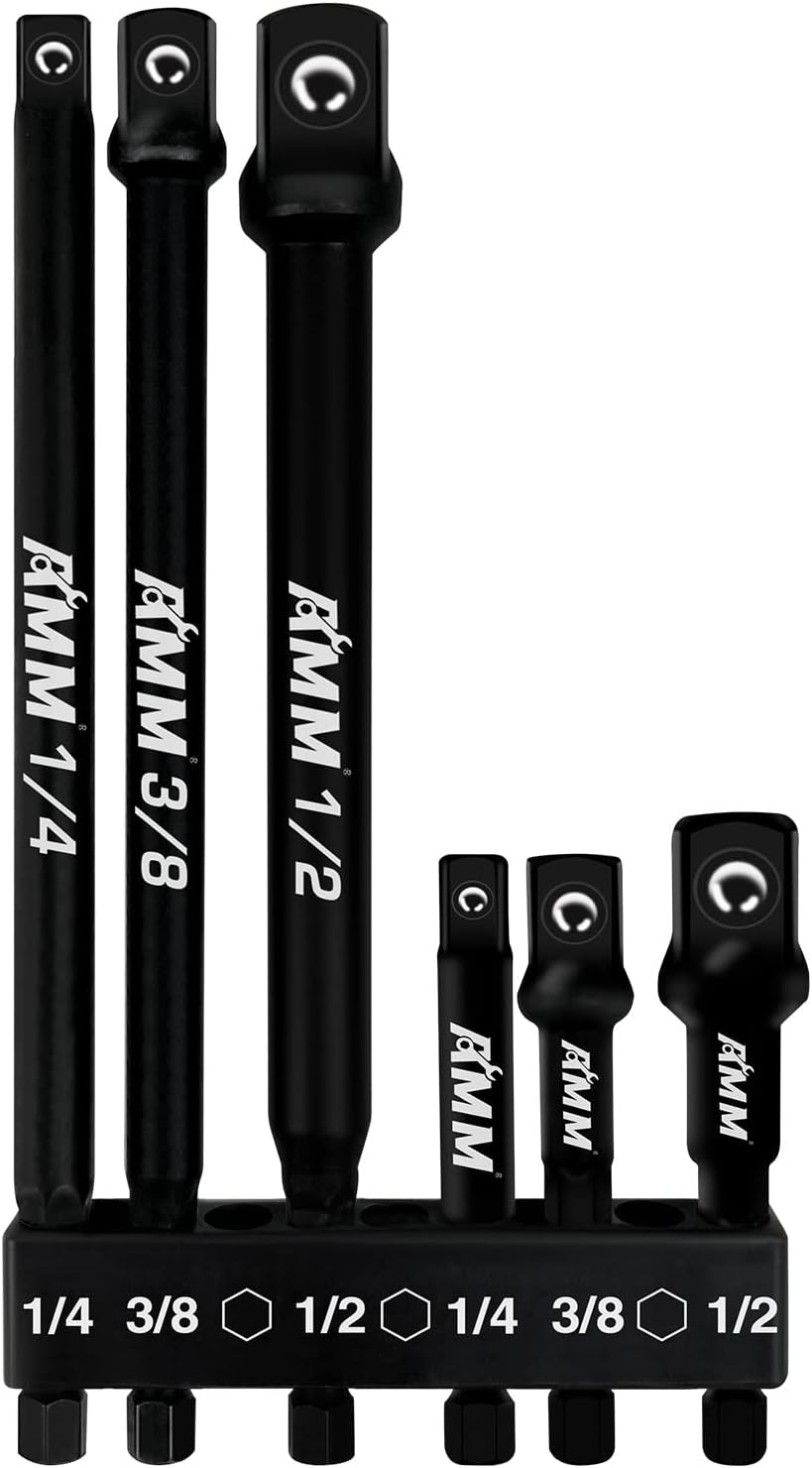 AMM 6-Piece Impact Grade Socket Adapter Set, 3-Inch & 6-Inch Power Drill Socket Driver Adaptor, 1/4", 3/8", 1/2" Hex Shank Adapt Your Power Drill To High Torque Impact Wrench