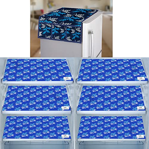 Image of Polyester 3-Layered Fridge Top Cover /Refrigerator Cover with Utility Pockets and Set of 6 Pc Fridge Mats (Color-Leaf Blue, Size-39x21 Inch)