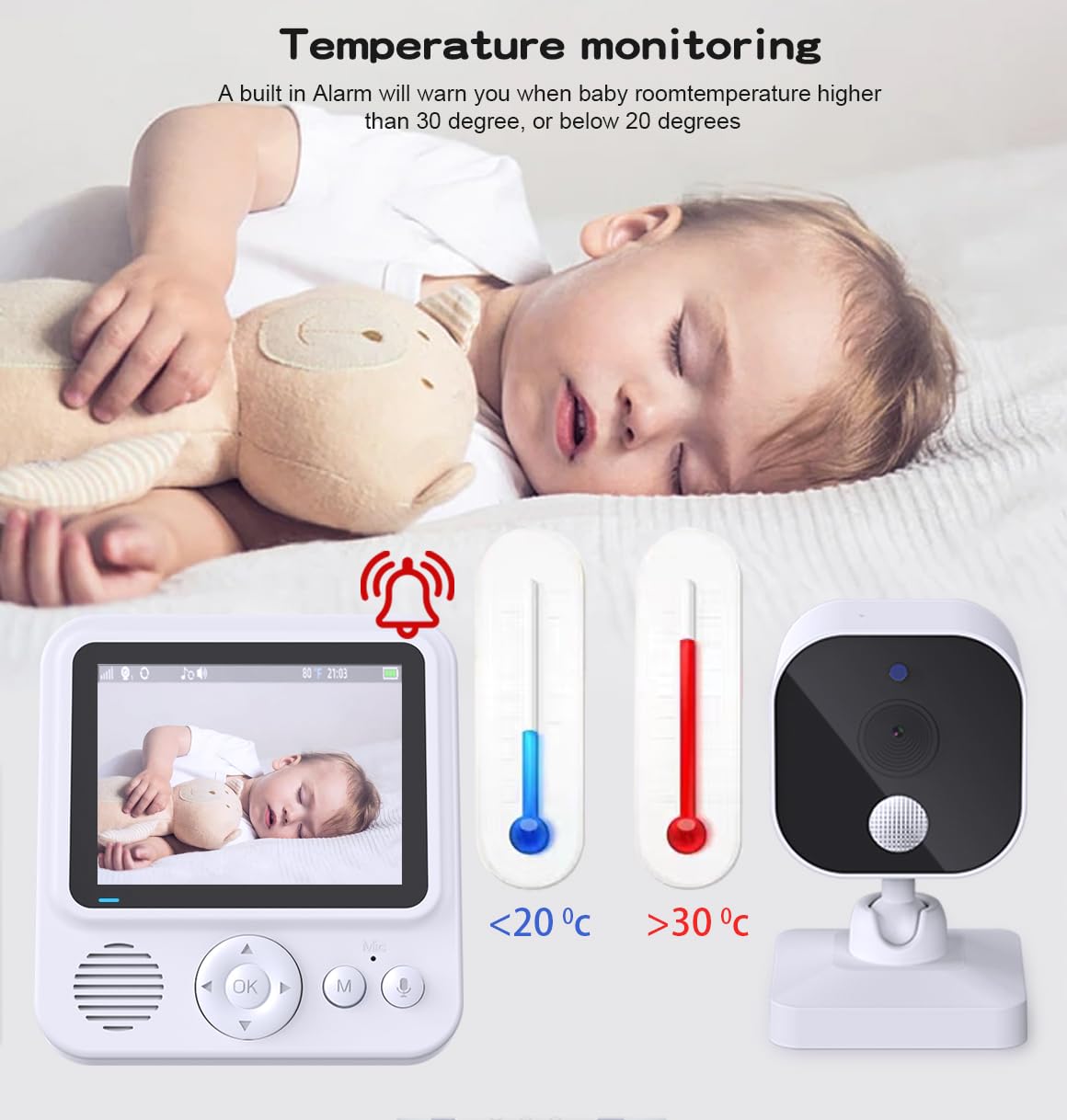 OBVHNUA Monitor dla Niemowląt z Kamerą bez WiFi Wyświetlacz 2.8" Bateria 2000mAh Dwukierunkowa Komunikacja Monitorowanie Temperatury Kołysanki Przypomnienia Alarmowe