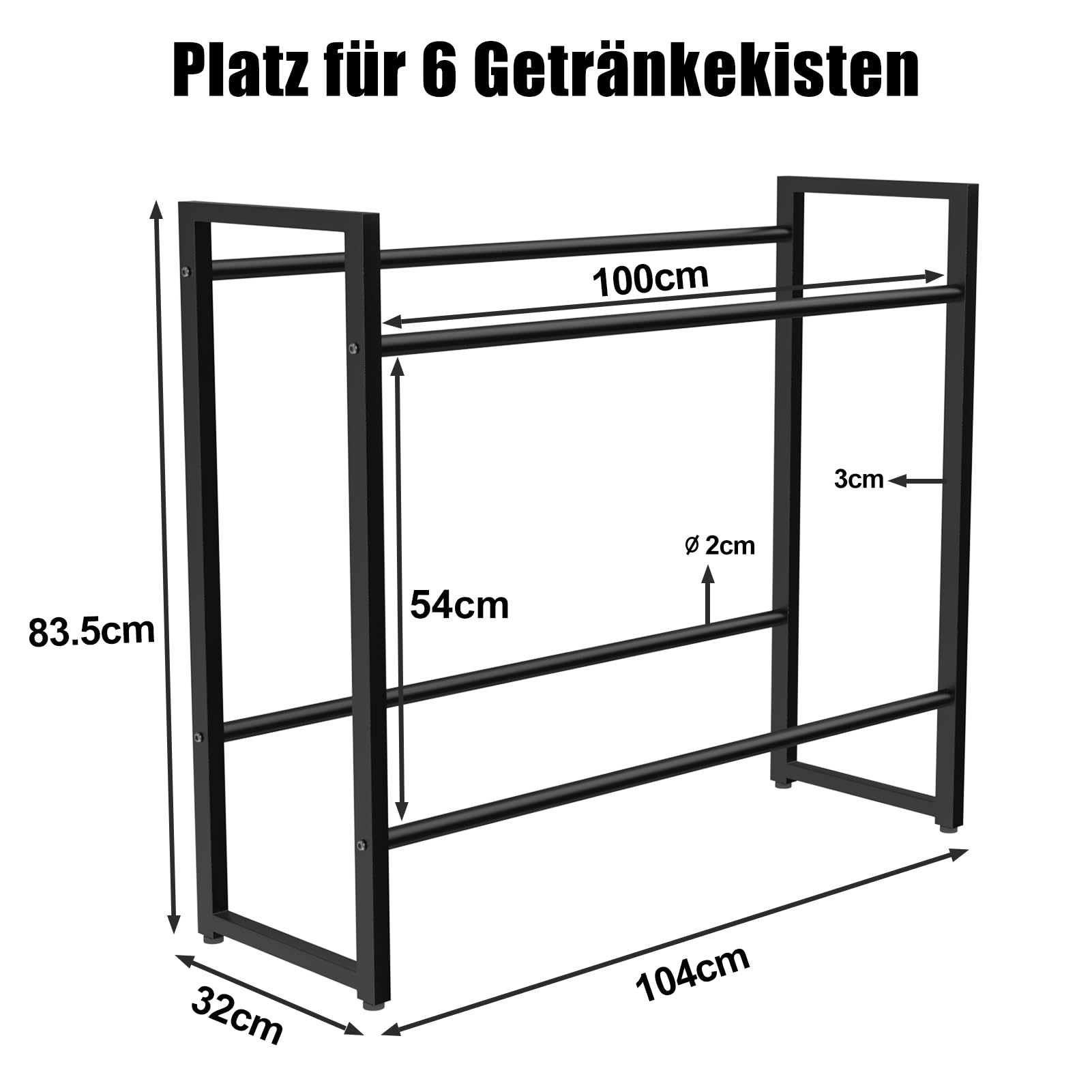 Getränkekistenregal für 6 Kisten, Trag. 300KG, Getränkeregal aus Metall, Kistenregal mit Höhenverstellbaren Kunststofffüßen, Getränkekistenhalter zur Platzersparnis, Schwarz