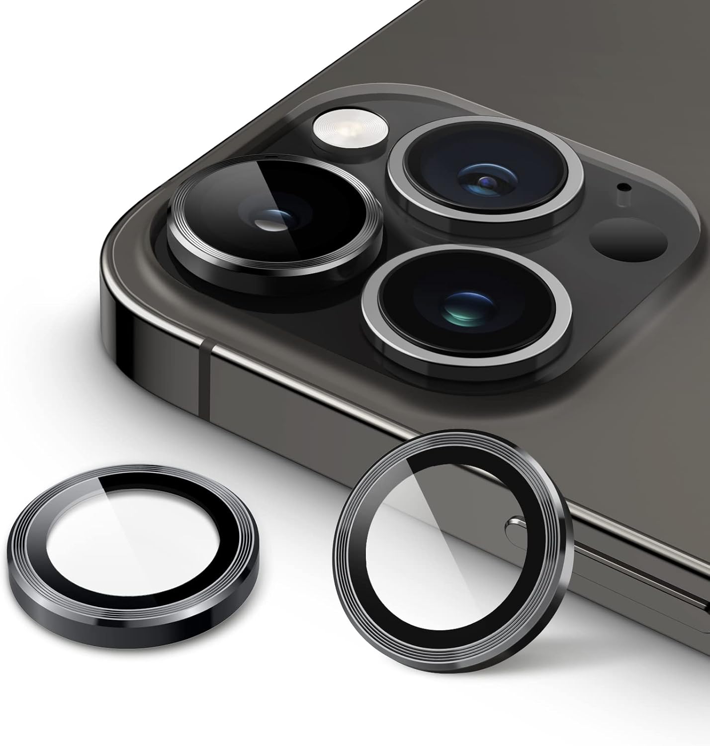 Product image of JETech Camera Lens Protector for iPhone 14 Pro 6.1-Inch and iPhone 14 Pro Max 6.7-Inch, 9H Tempered Glass Metal Individual Ring Cover, HD Clear, 1 Set (Space Black)
