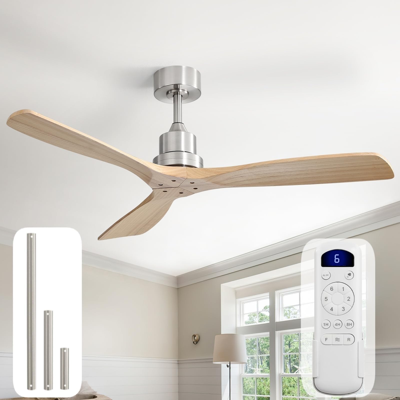 Sofucor 52 Inch Ceiling Fans No Light-Outdoor Ceiling Fan with Remote Control, Modern Wood Ceiling Fan Without Light for Bedroom Indoor Patios Farmhouse,Reversible DC Motor,Brushed Nickel&Natural Wood