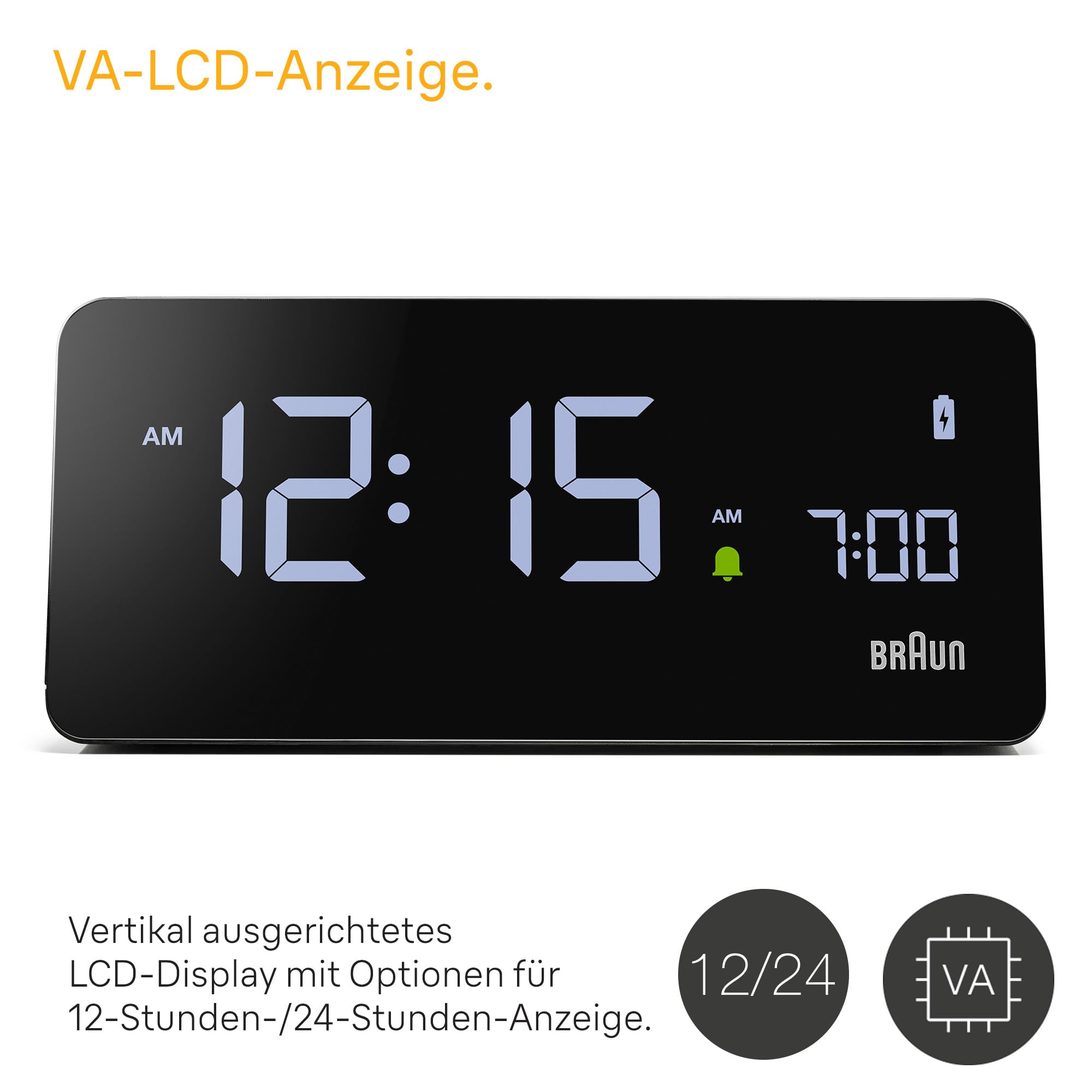 Braun Digitaler Wecker mit VA-LCD-Display, kabelloses 10W Qi-Schnellladepad, automatische Einstellung der Hintergrundbeleuchtung, Schnellschaltung, Pieptonwecker in Schwarz, Modell BC21B.
