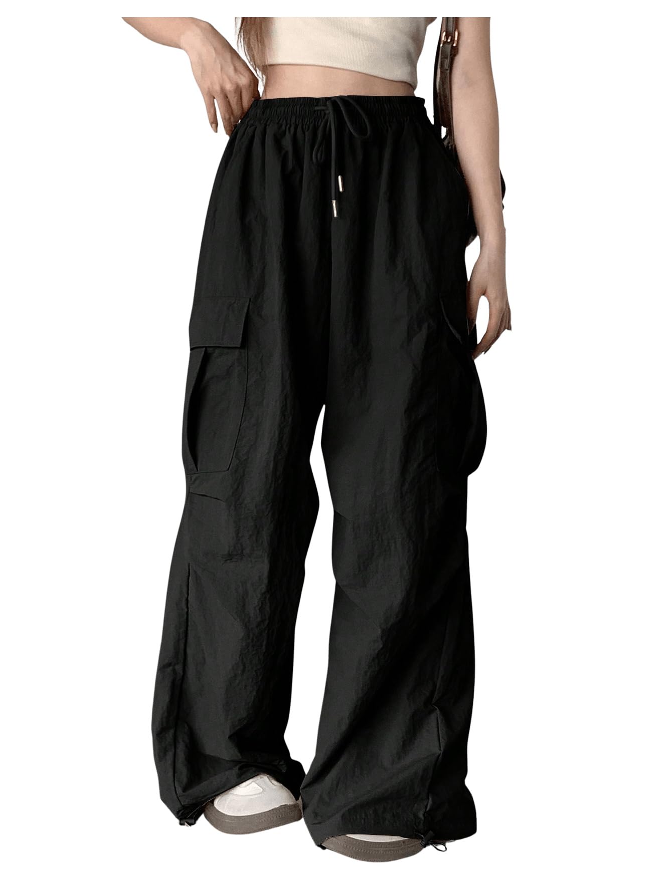 OYOANGLE Women's Cargo Pants Elastic Drawstring Waist Flap Pocket Straight Leg Trousers Y2K Parachute Pants
