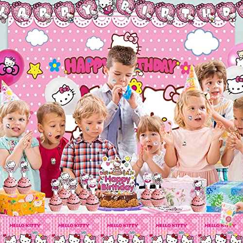 Pink Theme Party Supplies For 10 Guests Party Decorations, Cute Cartoon Party Decoration Included Happy Birthday Banner, Balloons, Cupcake Toppers, Invitation Card, Foil Balloons, Stickers, Tableware #TOP3