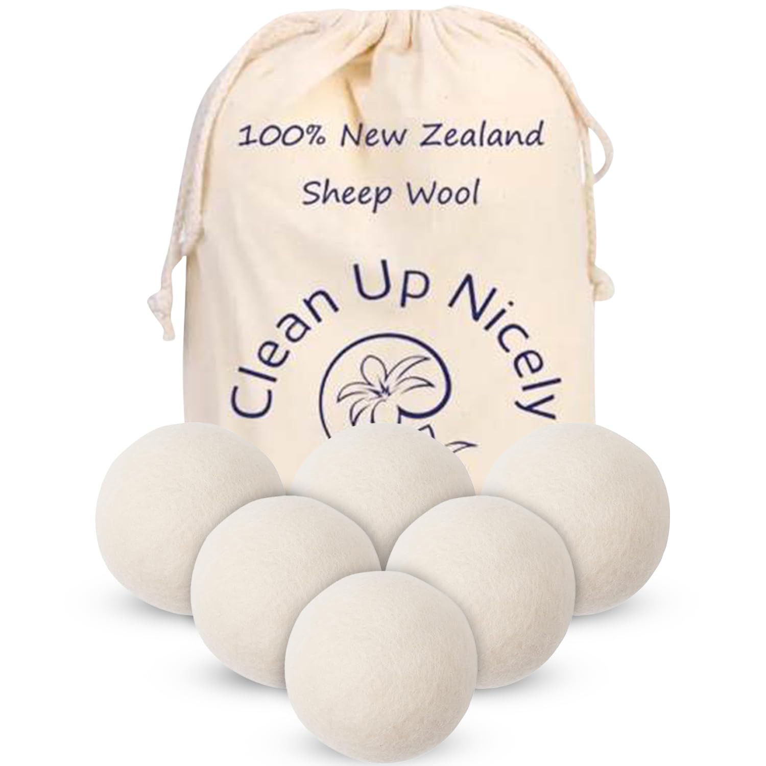 Clean Up Nicely XL Wool Dryer Balls (6 Pack) All Natural. Fabric Softner Wool Dryer Balls - Reusable, Reduces Clothing Wrinkles and Saves Drying Time., White