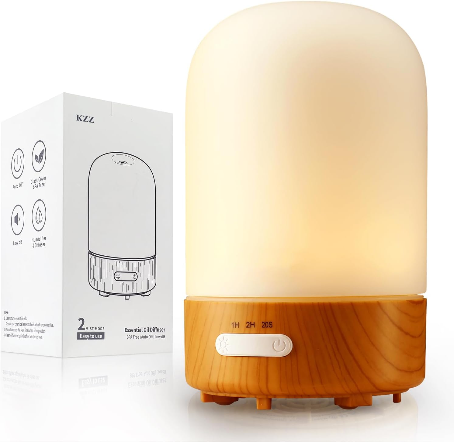KZZ Glass Diffuser Small Cool Mist Humidifier for Bedroom Aromatherapy Diffuser for Essential Oils Warm Night Light Timer Waterless Auto-Off Quiet Ultrasonic Aroma Diffuser for Home