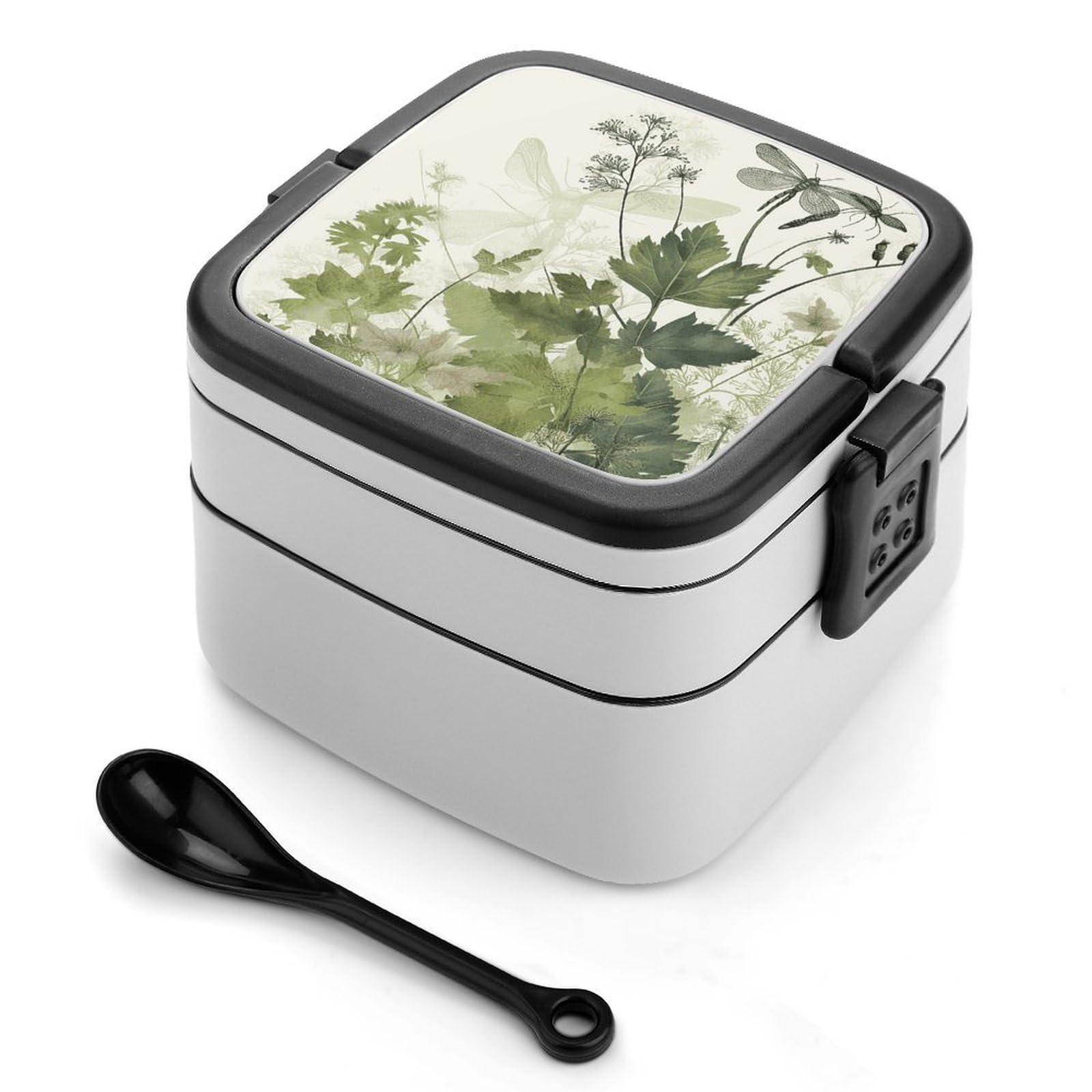 JTREHY Foliage And Herbs with Dragonflies Winged Lunch Box Double-Layer Portable Lunch Container Stackable Large Capacity Leakproof Bento Box for Dining Out Work Picnics Travel