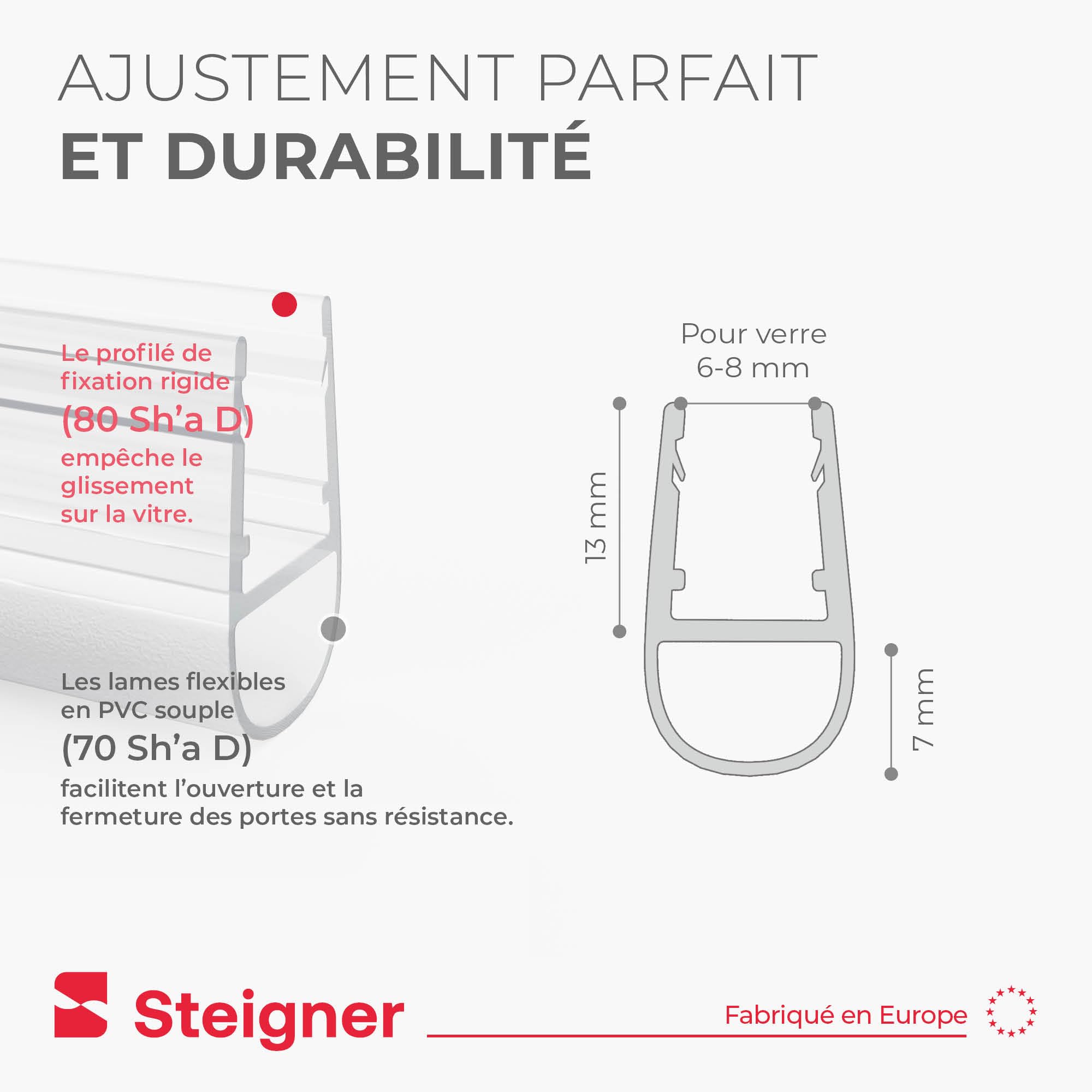 STEIGNER Joint porte de douche UK07 200 cm (1 pc.) transparent - Joint vertical pour douche à accès d'angle ou pentagonale avec porte 6-8 mm - Étanchéité, Ajustement parfait, Design discret