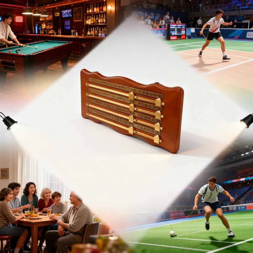 Wood Billiards Scoreboard 4 Track Scoreboard Brown, High Density Wood, Aluminum Alloy - Durable Construction, Easy Installation, Ideal for Pool and Shuffleboard Games