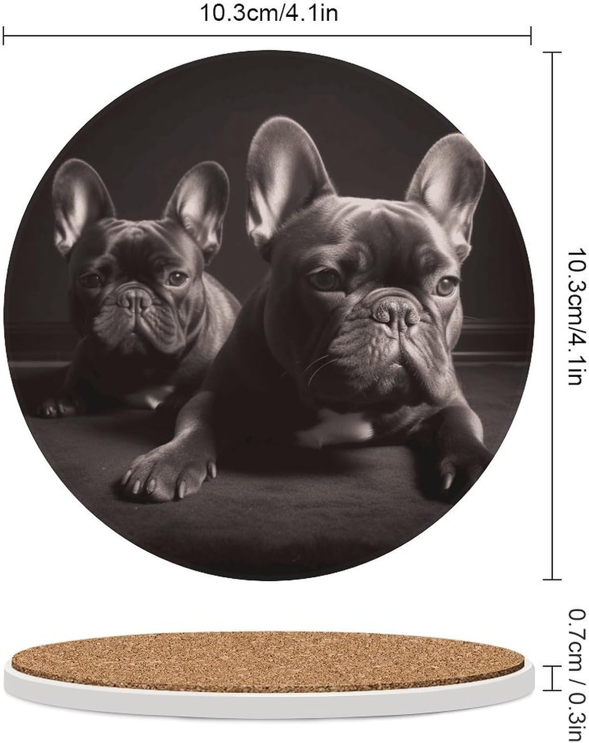 6PCS French Bulldog Coasters Non-Slip Round Drink Coasters with Ceramic Stone and Cork Base, Heat Resistant Absorbent 33.00Stone Coaster Set for Kinds of Mugs and Cups, 4 Inch