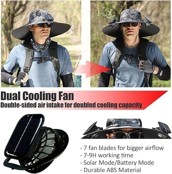 Solar Powered Fan Hat with 2 Removable Fans Wide Brim Sun Hat for Outdoor Fishing, Hiking Gardening, USB Solar Charging Sun Protection UPF 50+ (US, Alpha, One Size, Black)