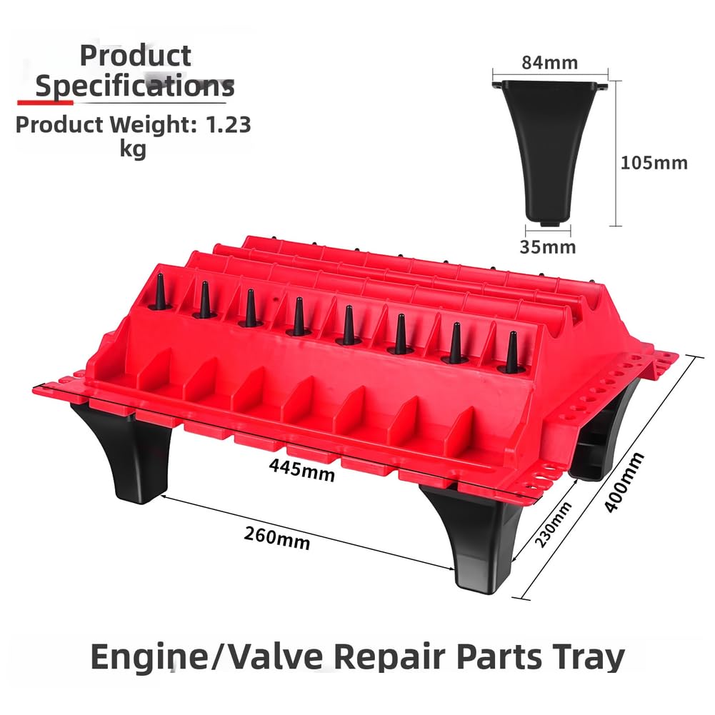 Plateau de pièces de culasse de moteur, boîte de rangement d'arbre à cames à ressort de soupape, plate-forme de rangement en polypropylène rouge pour atelier de réparation automobile