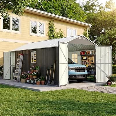 Greesum 12x20FT Metal Carport with Walk-in Side Door, All Weather Metal Garage Shed with Window and Vent, Canopy Shelter with Heavy Duty Frame and Galvanized Roof for Cars, Tools, Boats, Black