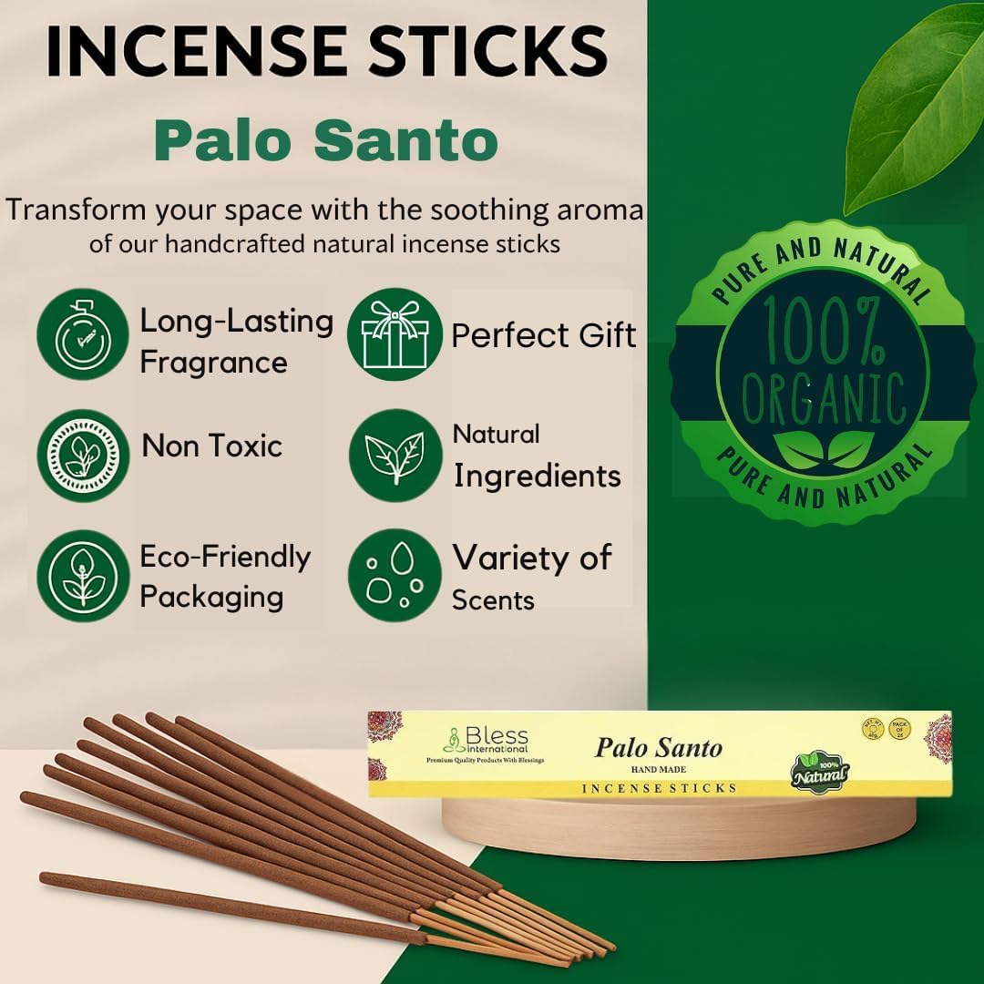 Bless-Palo-Santo - Varillas de incienso 100% naturales, hechas a mano, sumergidas a mano, productos químicos orgánicos, sin carbón, purificación, relajación, positividad, yoga, meditación, mejor aroma