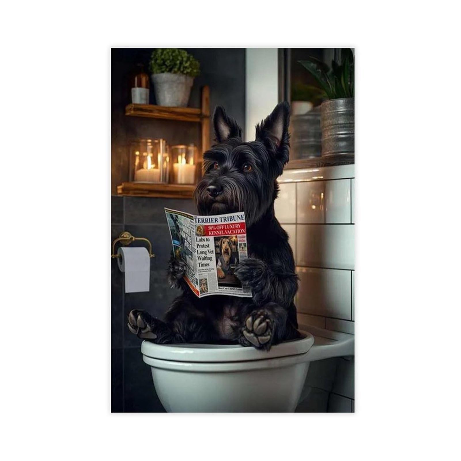 BNCEDJK Scottish Terrier on The Toilet Canvas Poster Bedroom Decor Landscape Decor Gift 12x18inch(30x45cm)