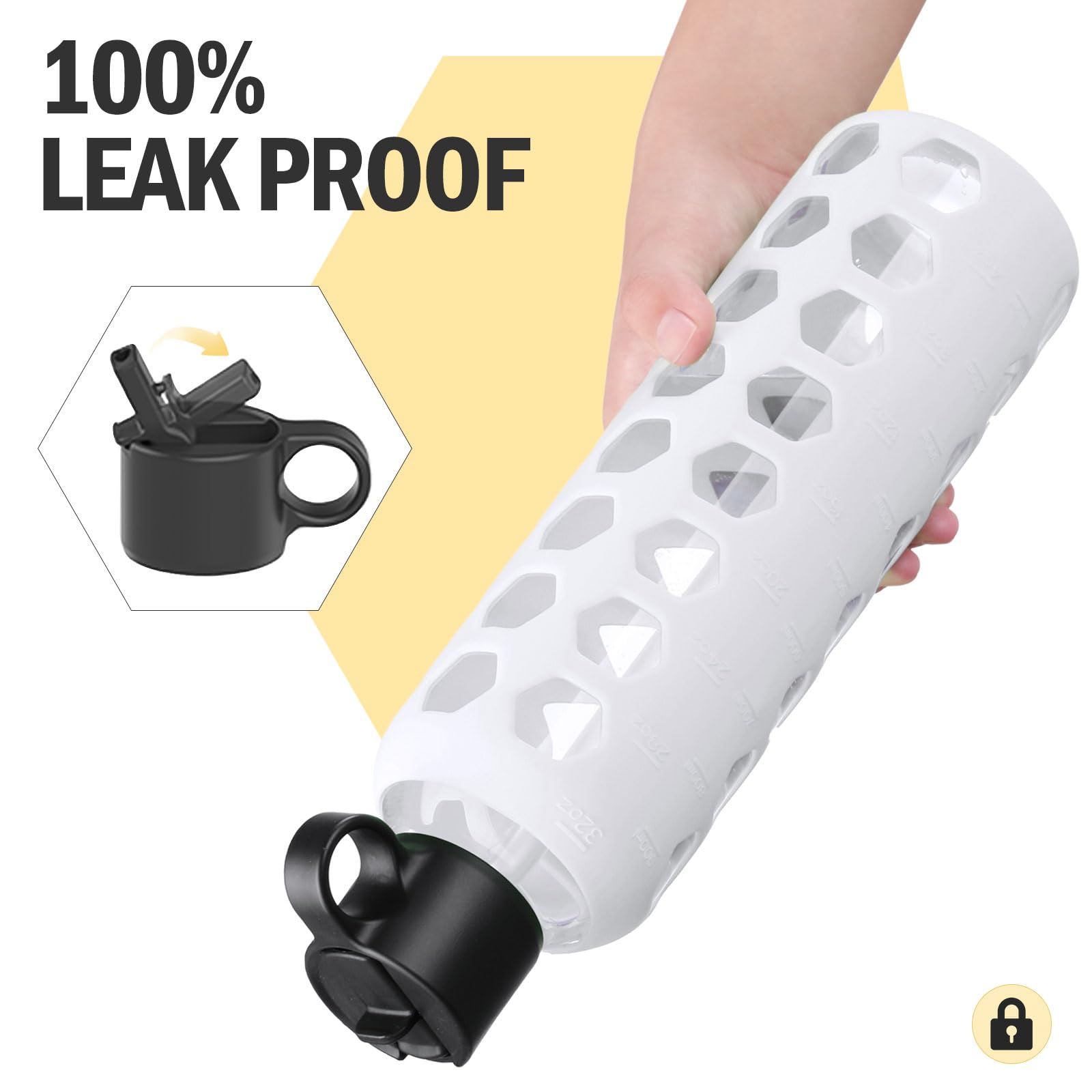 BLUEGO Borracce in vetro, 900ml Bicchiere in vetro, Bottiglie per bere con 2 coperchi, Bottiglia per l'acqua sportiva con custodia in silicone, A prova di perdite, Bianco