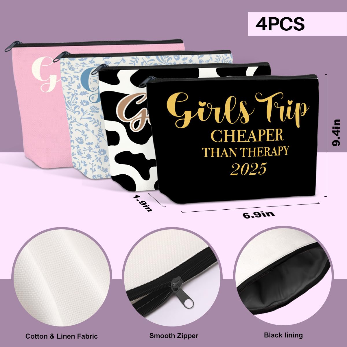 4 PCS Girls Trip Gifts Favors Girls Weekend Gifts for Women Girls Trip Favors Friendship Gifts Girls Weekend Gifts Ideas Girls Trip Makeup Bag Cow Print Cosmetic Bags Weekender Bag for Women Christmas