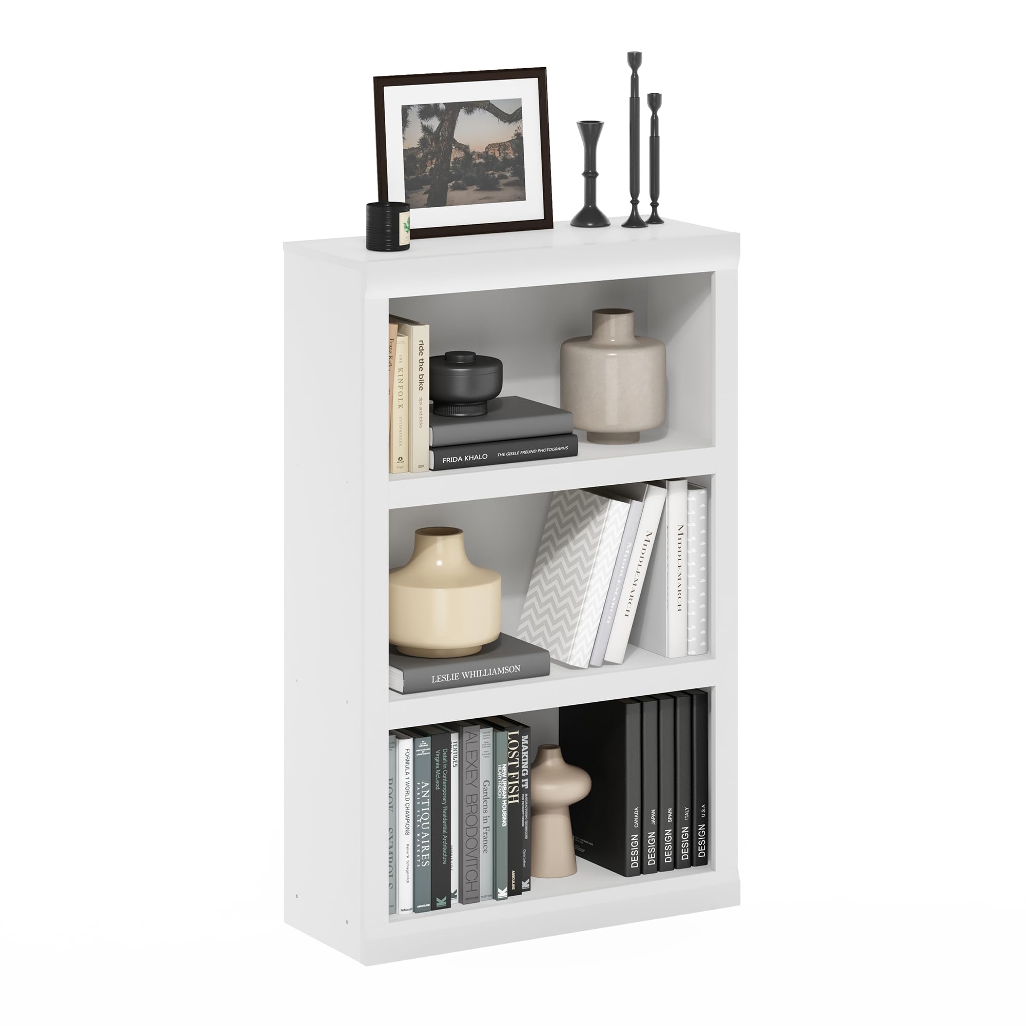 Furinno RAIL Book Shelf, 3-Tier Bookshelf, Bookcase with Open Shelf, 10.1 x 24.6 x 39, for Living Room, Bedroom, Home Office, White