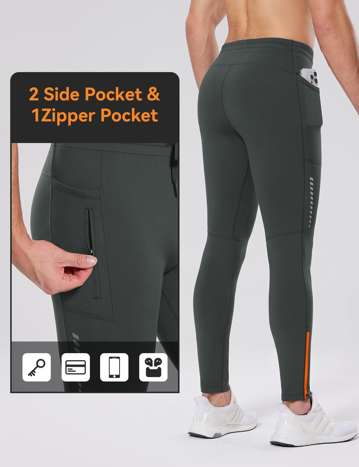 BALEAF Legging thermique pour homme avec poches zippées - Doublure polaire - Pour cyclisme, gym, randonnée, ski, gris, XXL