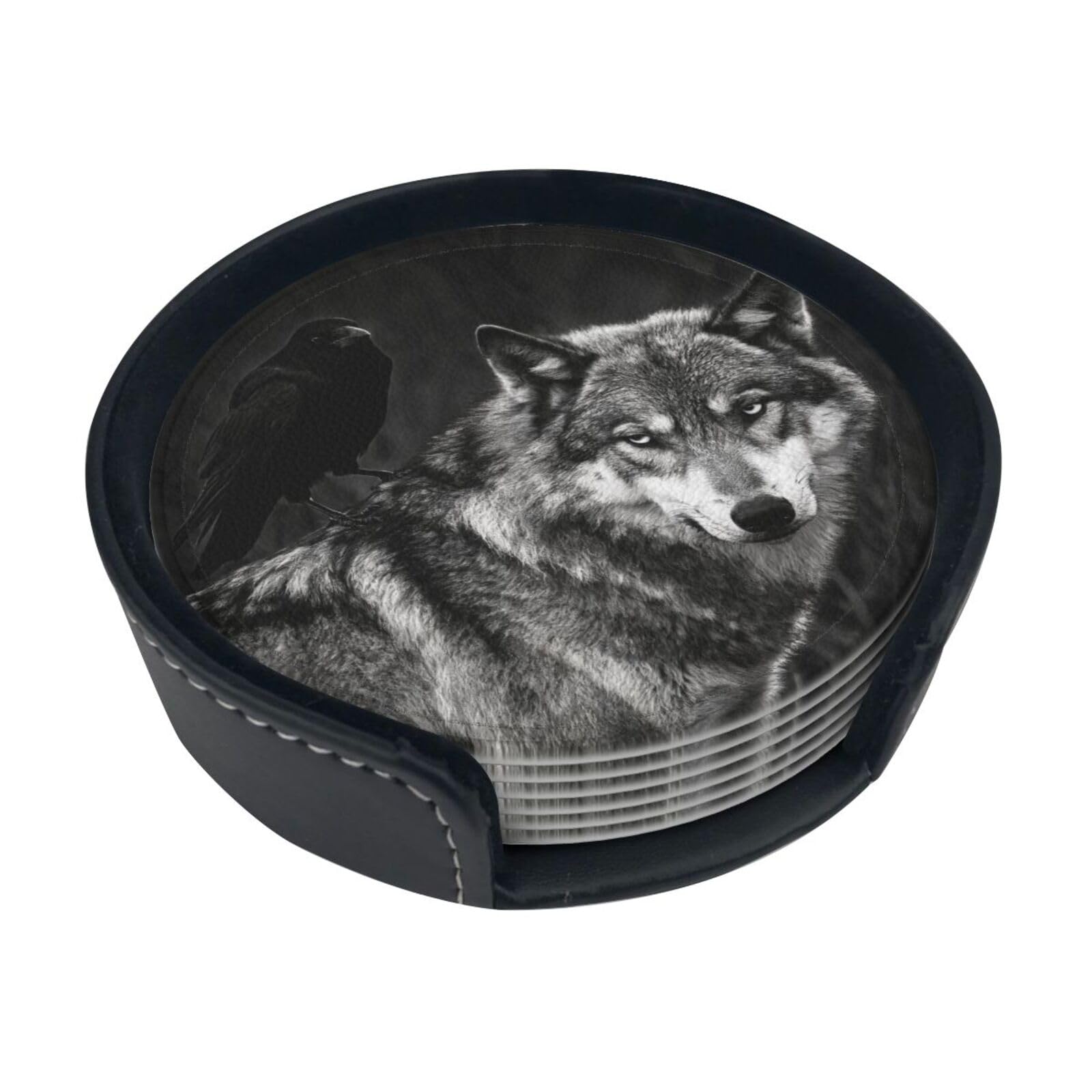 Wolf Raven Pair Leather Coasters-Set of 6 with Storage Holder
