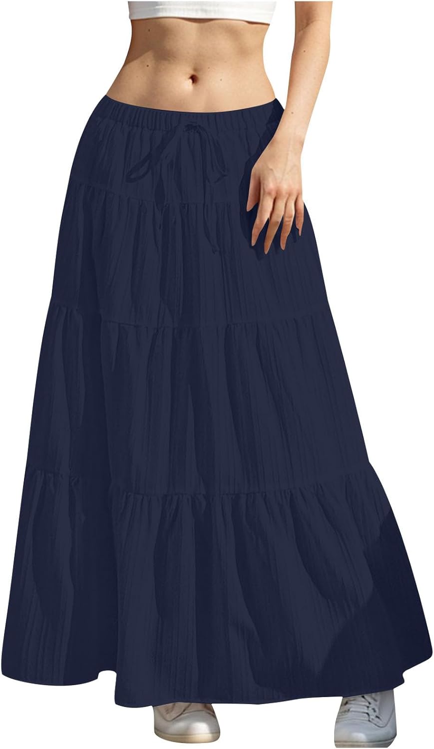 Maxi Skirts for Women 2026 Textured Tiered Elastic Waist Soft A-Line Skirt Casual Daily Travel Flowy Summer Skirts