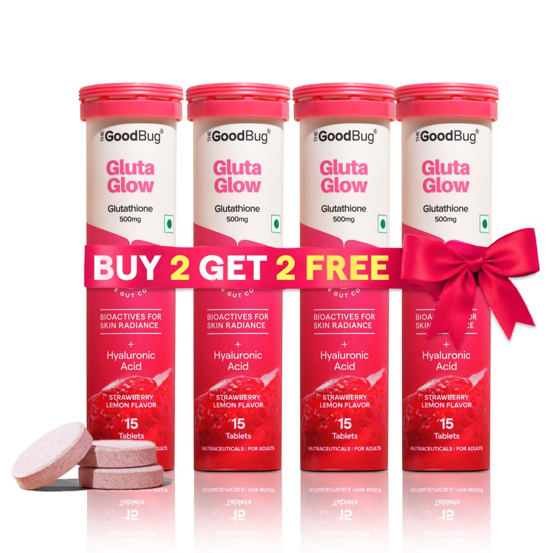 The Good Bug Gluta Glow Effervescent Tablets for Radiant Skin -60 Tablets | Buy2Get2Free | L-Glutathione, Vitamin C, Lycopene For Skin Glow & Anti-Pigmentation | Strawberry Lemon | No Added Sugar