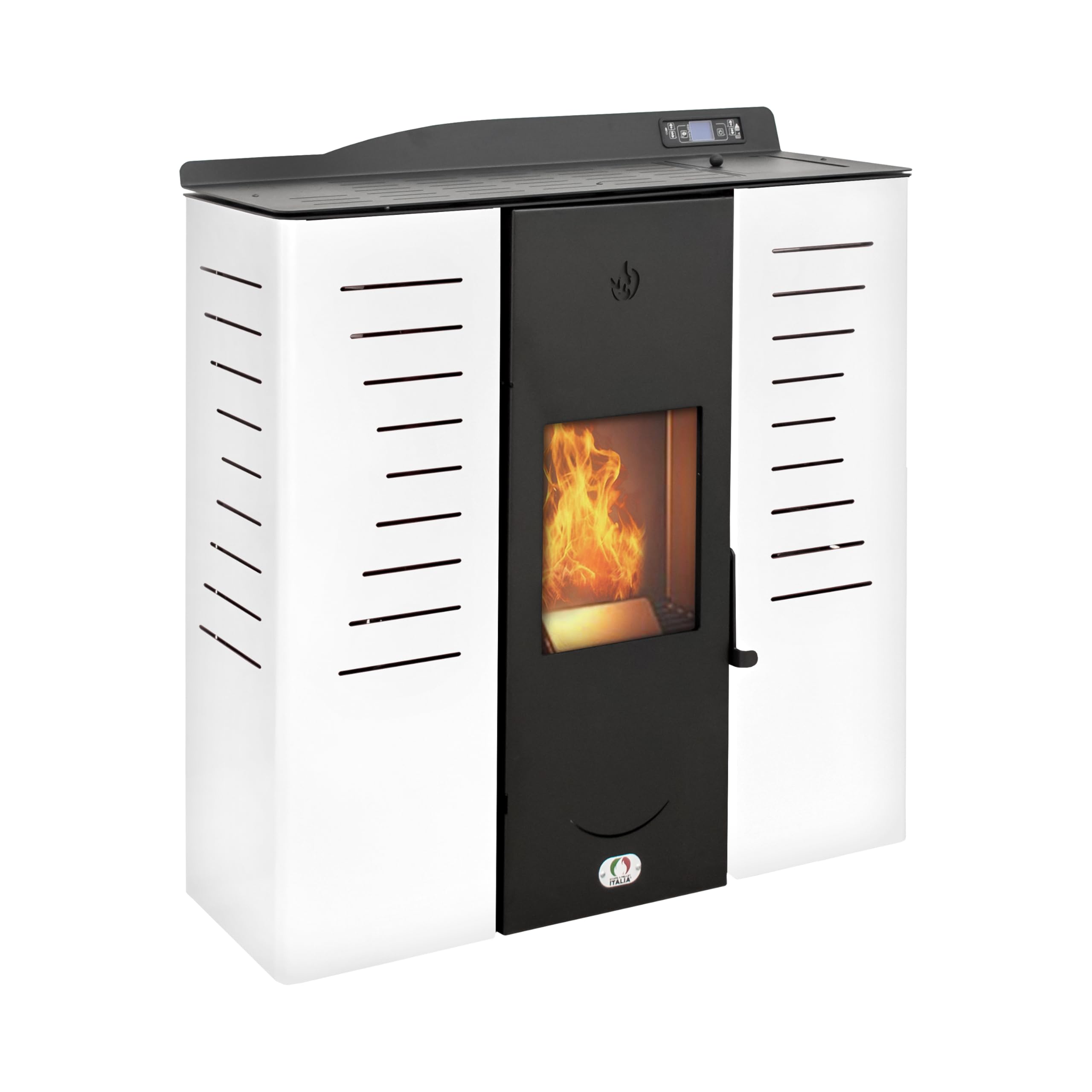 STUFE A PELLET ITALIA Italia 20 KW, 5-gwiazdkowa patelnia na pellet wodorowy, do ogrzewania i ciepłej wody, wydajność ogrzewania 89%, 130 m², czas pracy 16 h, programowalna, 5 mocy, 24 miesiące, biała