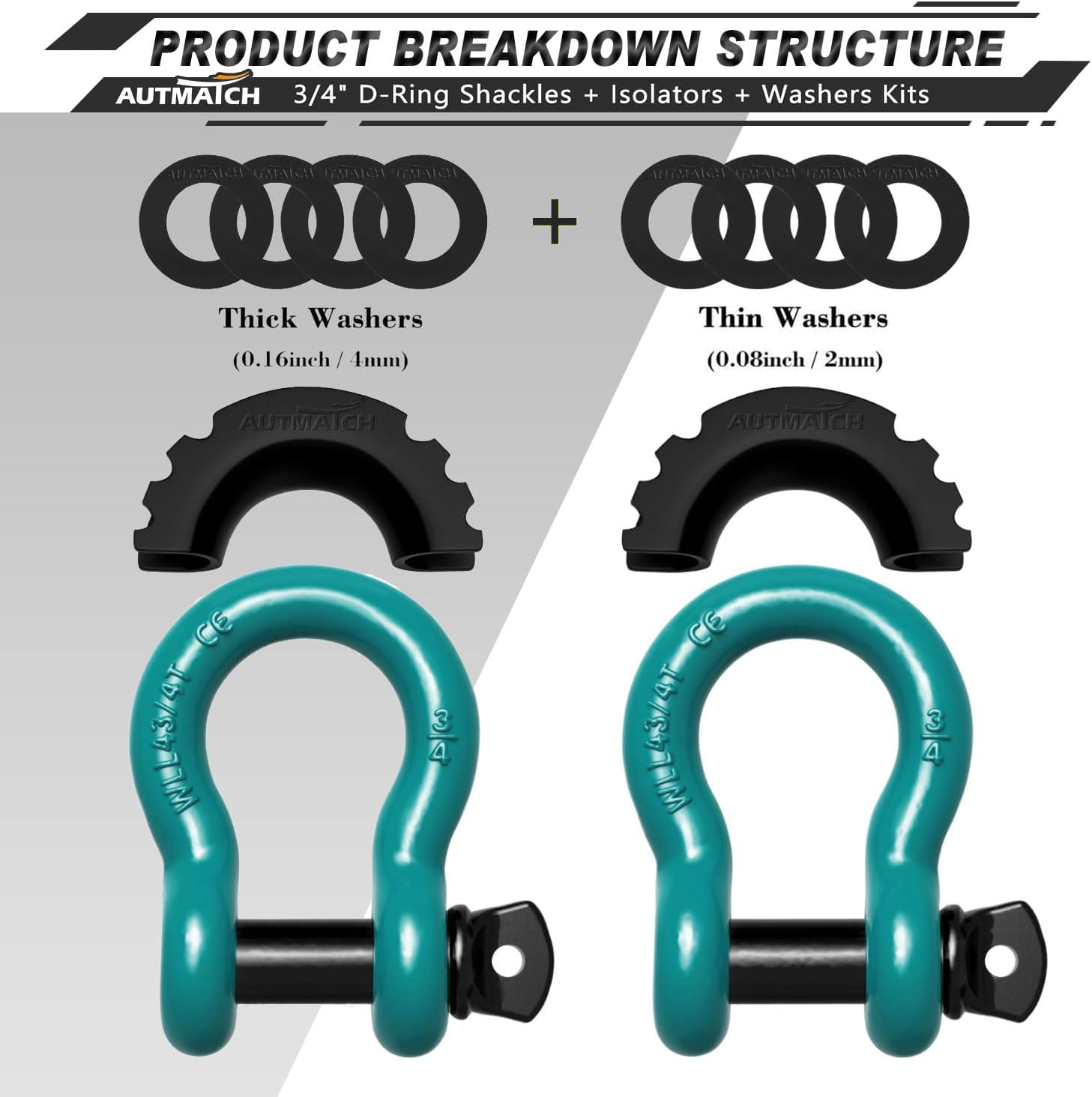 AUTMATCH D Ring Shackle 3/4" Shackles (2 Pack) 41,887Ibs Break Strength, Clevis Shackle with 7/8" Screw Pin and Shackle Isolator Washers Kit for Tow Strap Winch Off Road Vehicle Recovery, Teal